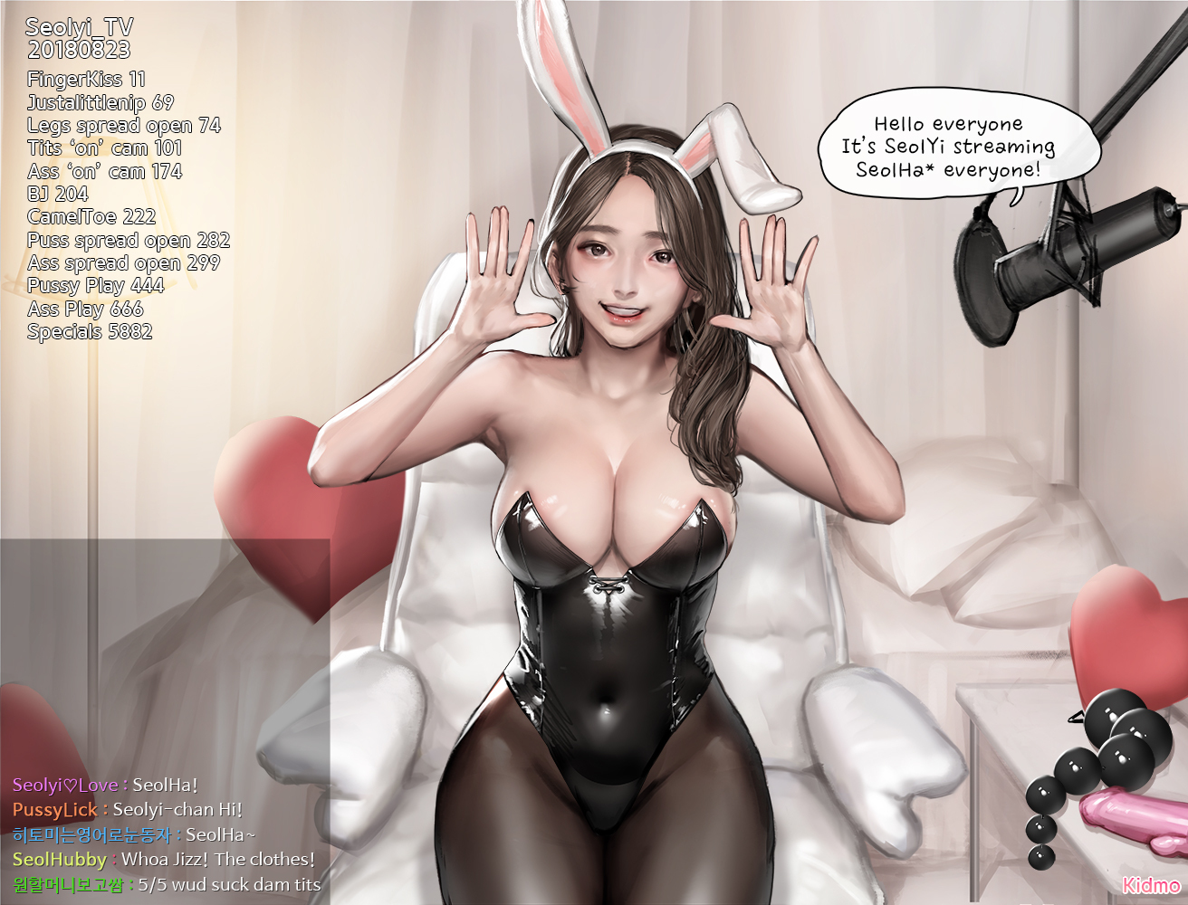 1girls, absurdres, big breasts, breasts, bunny ears, bunny girl, bunnysuit, camgirl, cleavage, female, female only, highres, kidmo, large breasts, pantyhose, solo