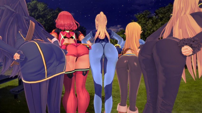 3d, 5girls, ass, ass to ass, back, bent over, blonde hair, blue hair, bodysuit, breath of the wild, clothed, crossover, cynthia (pokemon), female, female only, fire emblem, fire emblem awakening, fully clothed, human, hylian, leaning forward, long hair, looking away, lucina (fire emblem), metroid, multiple females, multiple girls, nintendo, pants, pointy ears, pokemon, pokemon dppt, ponytail, princess zelda, pyra, red hair, samus aran, short hair, source request, the legend of zelda, wide hips, xenoblade (series), xenoblade chronicles 2, zelda (breath of the wild), zero suit, zero suit samus
