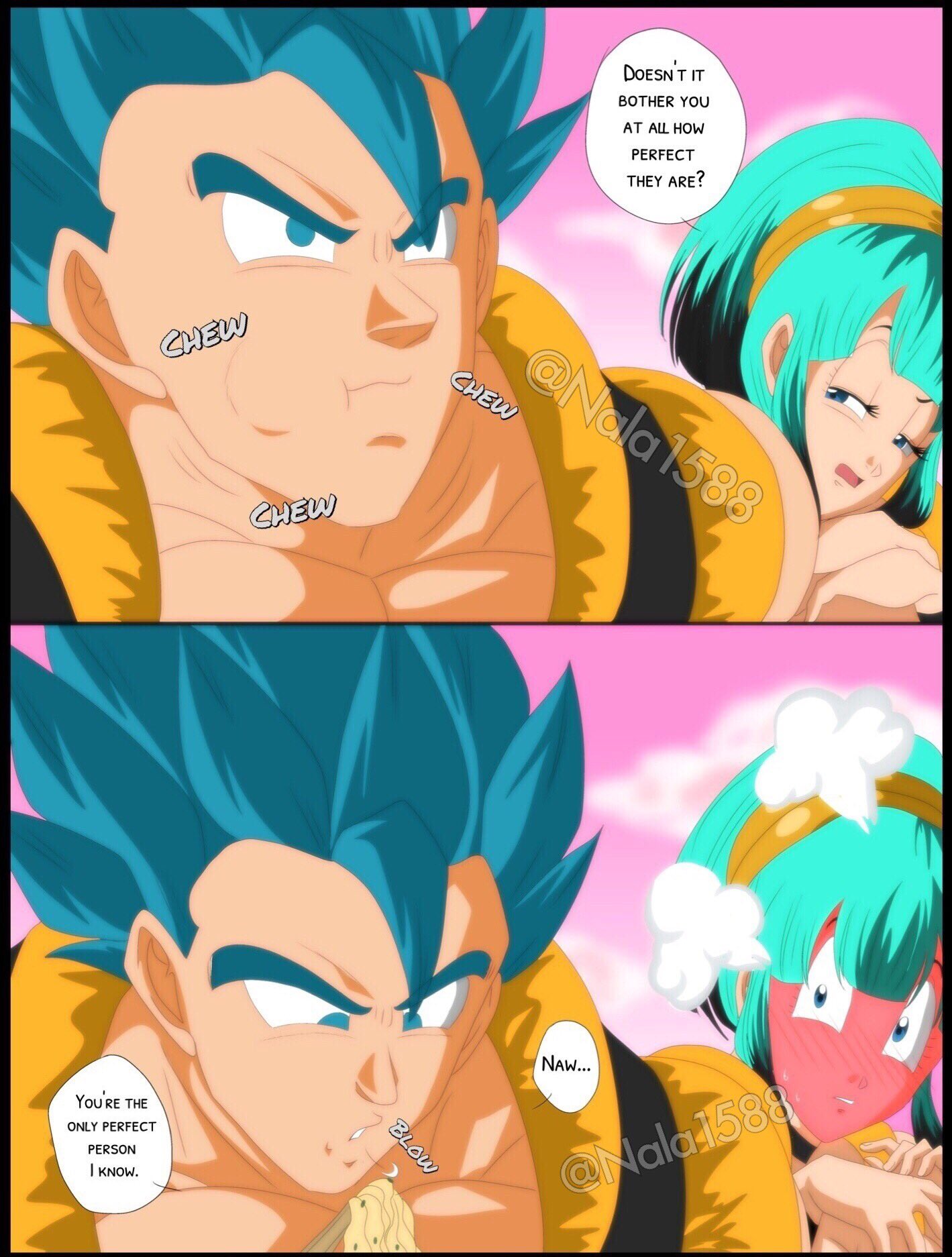ass, black eyes, black hair, blue eyes, blue hair, breasts, bulchi, bulma briefs, busty, chichi, cleavage, comic, dragon ball, earrings, eating, erect penis, female, french kiss, gloves, gogeta, hand on ass, humor, kissing, long hair, male, muscular, muscular male, nala1588, penis, penis bulge, spiky hair, super saiyan blue, thick thighs, thighhighs, tongue, tongue out, wholesome