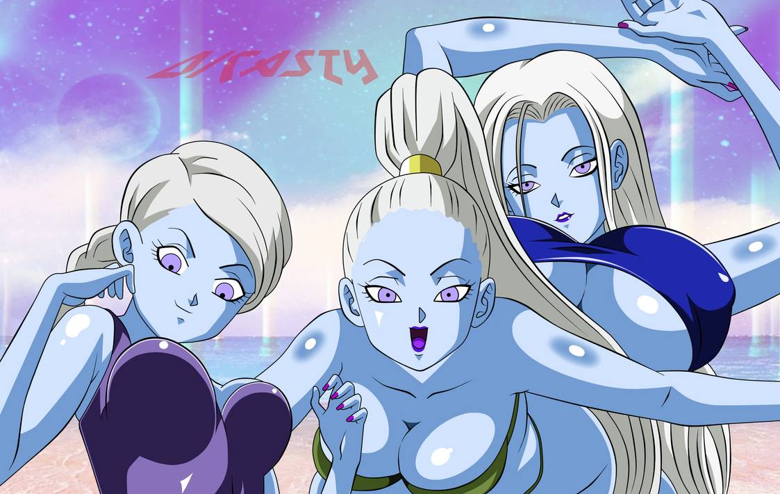 3girls angel angel_(dragon_ball) artist_name big_breasts bikini blue_skin braided_ponytail breasts cus dicasty dragon_ball dragon_ball_super female female_only huge_breasts looking_at_viewer mikoshin multiple_girls open_mouth ponytail purple_eyes purple_lips purple_nails shounen_jump swimsuit underboob vados white_hair