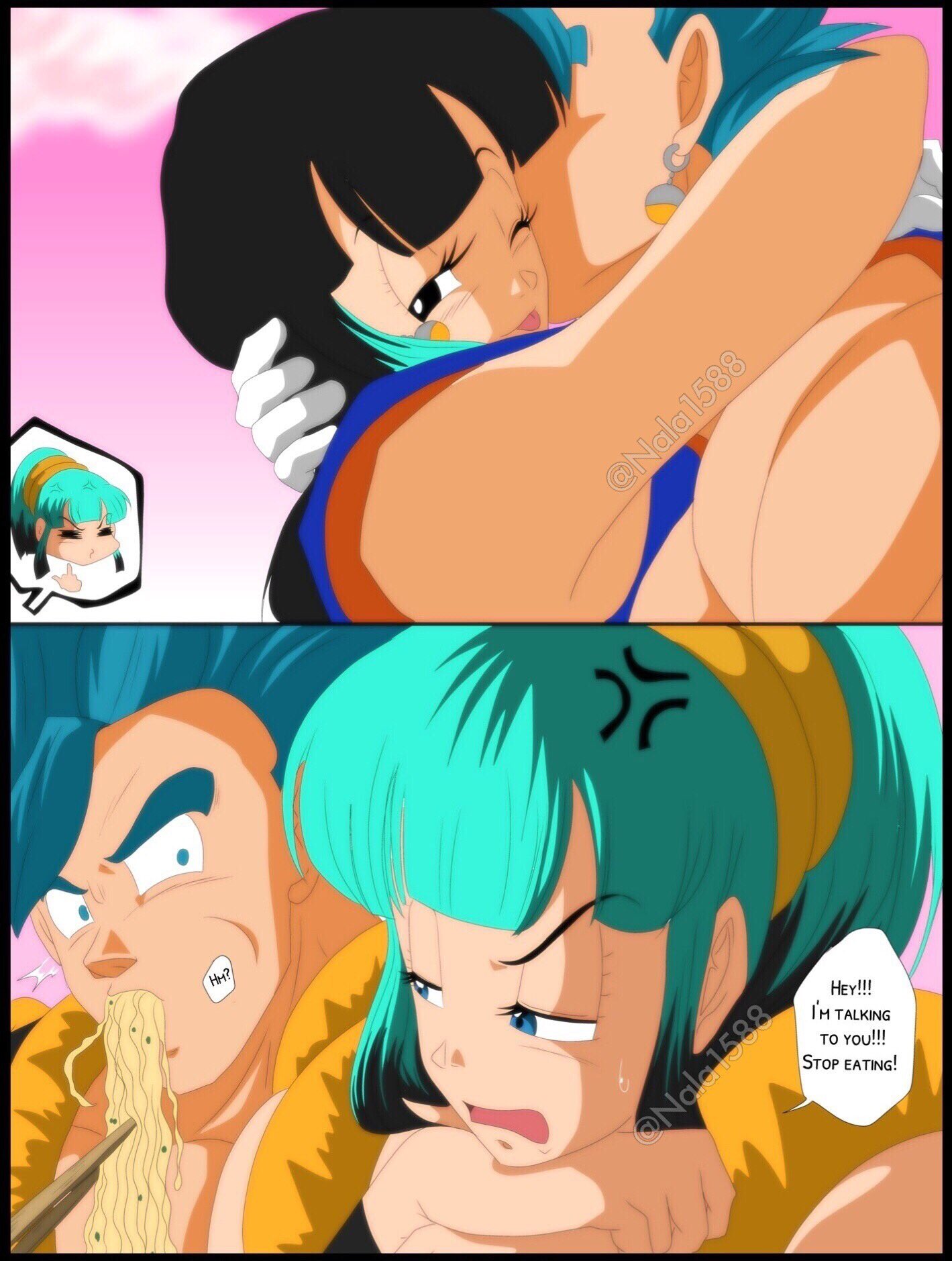 2boys 2girls ass black_eyes black_hair blue_eyes blue_hair bulchi bulma_briefs busty chichi chulma cleavage comic dragon_ball dragon_ball_super dragon_ball_z earrings eating erect_penis flipping_off french_kiss fusion gloves gogeta hand_on_ass humor kissing long_hair looking_at_another looking_back looking_pleasured metamoran_clothing middle_finger muscular_male nala1588 penis_bulge potara_earrings speech_bubble spiky_hair super_saiyan_blue thick_thighs thighhighs tongue_out vegito