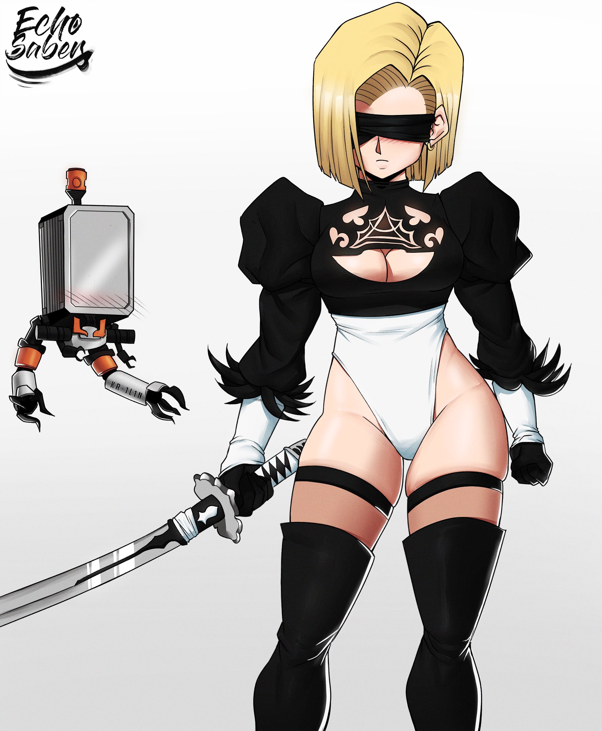 1girls, alternate version available, android 18, ass, blonde hair, blush, breasts, cameltoe, cleavage, cosplay, curvy, dragon ball, echosaber, erect nipples, female, fully clothed, huge areolae, huge ass, huge breasts, nier: automata, nipples, puffy nipples, pussy, short hair, thick lips, voluptuous, wide hips, yorha 2b (cosplay)