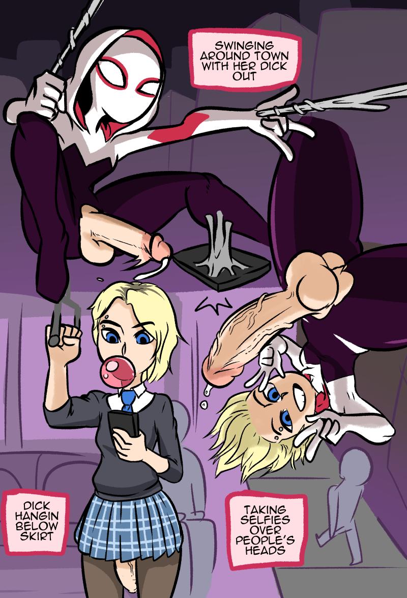 1futa, balls, balls under clothes, bottomless skirt, breasts, bubble gum, casual, clothing, crotchless, erection, exhibitionism, flaccid, futa only, futa sans pussy, futanari, gwen stacy, gwen stacy (spider-verse), hanging penis, hood, human, intersex, large penis, long penis, lost clothes, marvel, marvel comics, mask, mrbooshmaster, pale skin, penis, penis out, penis under clothes, penis under skirt, precum, precum drip, public, skin tight, skirt, small breasts, spider-gwen, spider-man (series), spider-man: into the spider-verse, taint