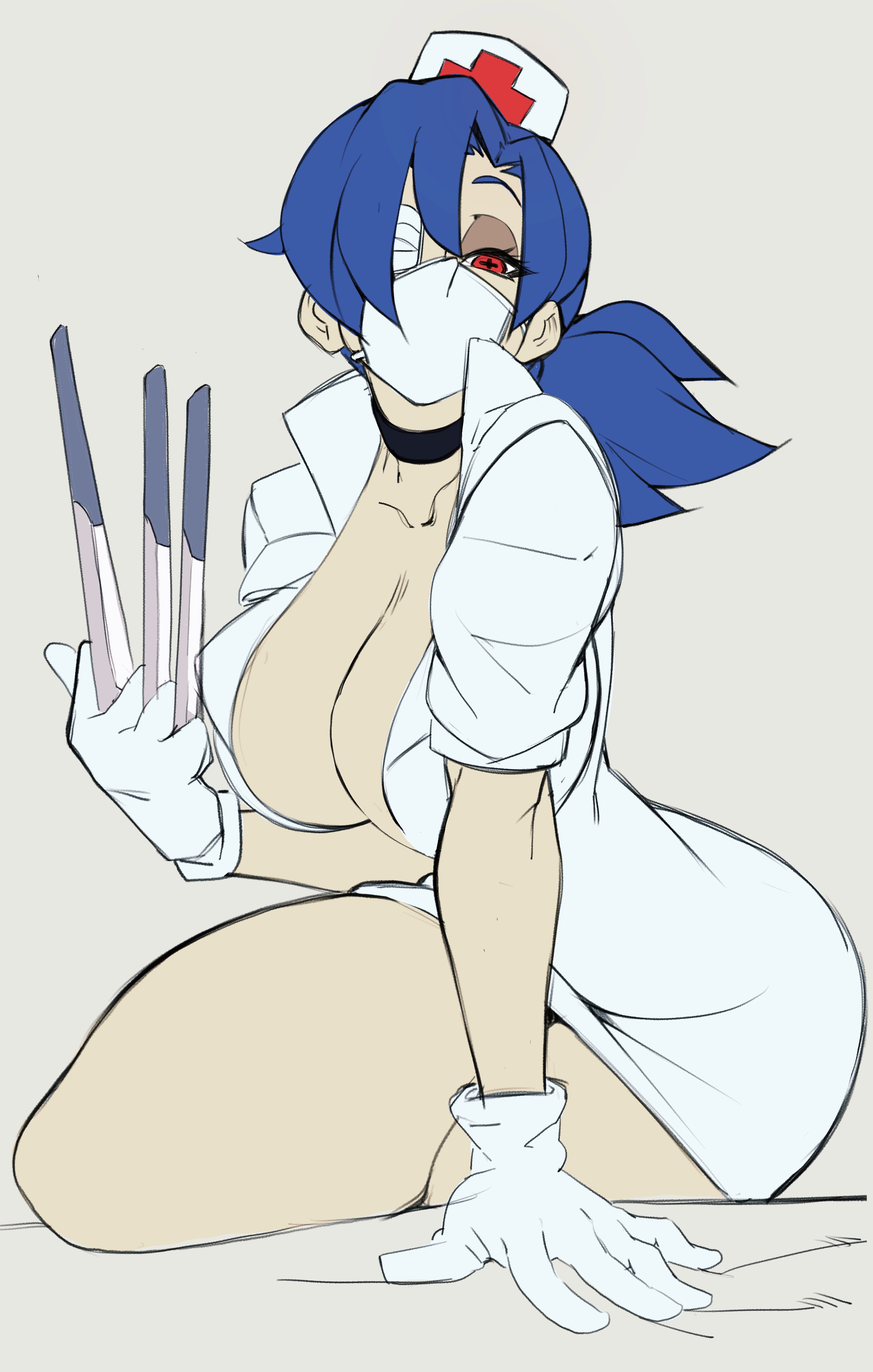 1girls, bimbo, blue hair, breasts, cleavage, dated, eyepatch, female, gloves, hat, highres, large breasts, mask, medical eyepatch, nisego, nurse, nurse cap, ponytail, short hair, signature, skullgirls, solo, thick thighs, thighs, valentine (skullgirls), weapon, white gloves