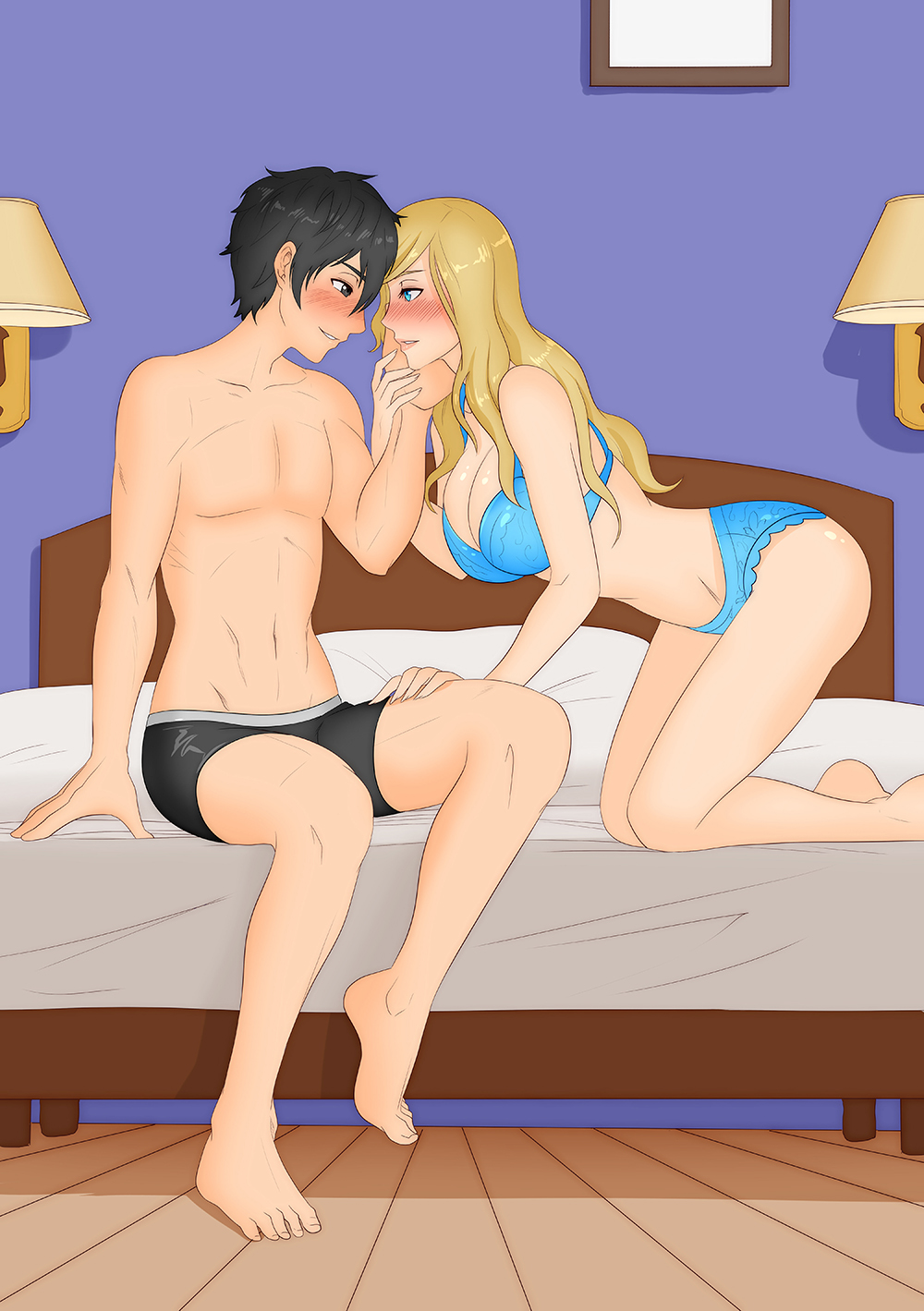 1boy, 1girls, all fours, ann takamaki, atlus, bed, black hair, blonde hair, blush, boxers, bra, clothing, female, hair, joker (persona), lingerie, long hair, male, megami tensei, panties, persona, persona 5, ren amamiya, tagme, video games