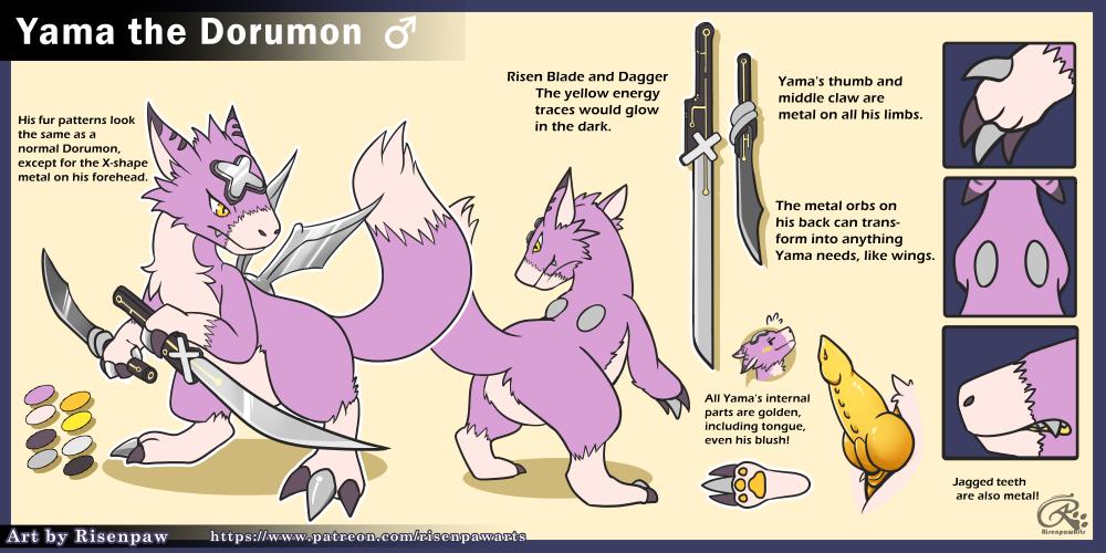 animal_genitalia claws digimon digimon_(species) dorumon dragon fan_character fur furred_dragon male male_only melee_weapon metal multicolored_fur purple_fur risenpaw sword teeth weapon white_fur wings x-digimon yama_the_dorumon