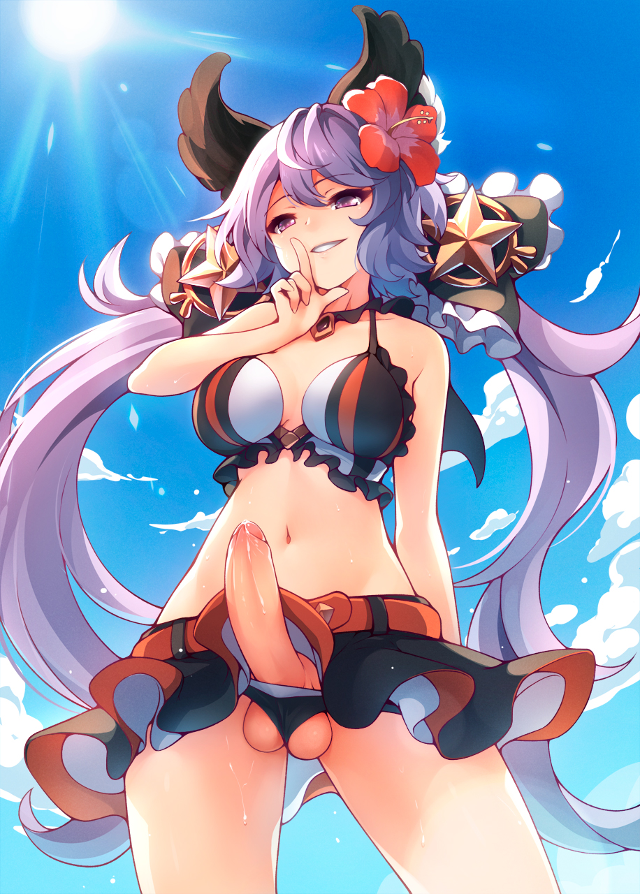 1futa animal_ears bangs belt bikini bikini_skirt black_bikini black_bow black_skirt blue_sky blush bow breasts cloud commentary english_commentary erection eyebrows_visible_through_hair flower frilled_bikini frilled_bow frills futa_only futanari granblue_fantasy hair_between_eyes hair_flower hair_ornament hairbow hibiscus highres intersex large_breasts lens_flare long_hair looking_at_viewer low_twintails navel outdoors penis purple_eyes purple_hair red_flower ricegnat satyr_(granblue_fantasy) skirt sky smile solo standing star sun swimsuit testicles twintails uncensored very_long_hair