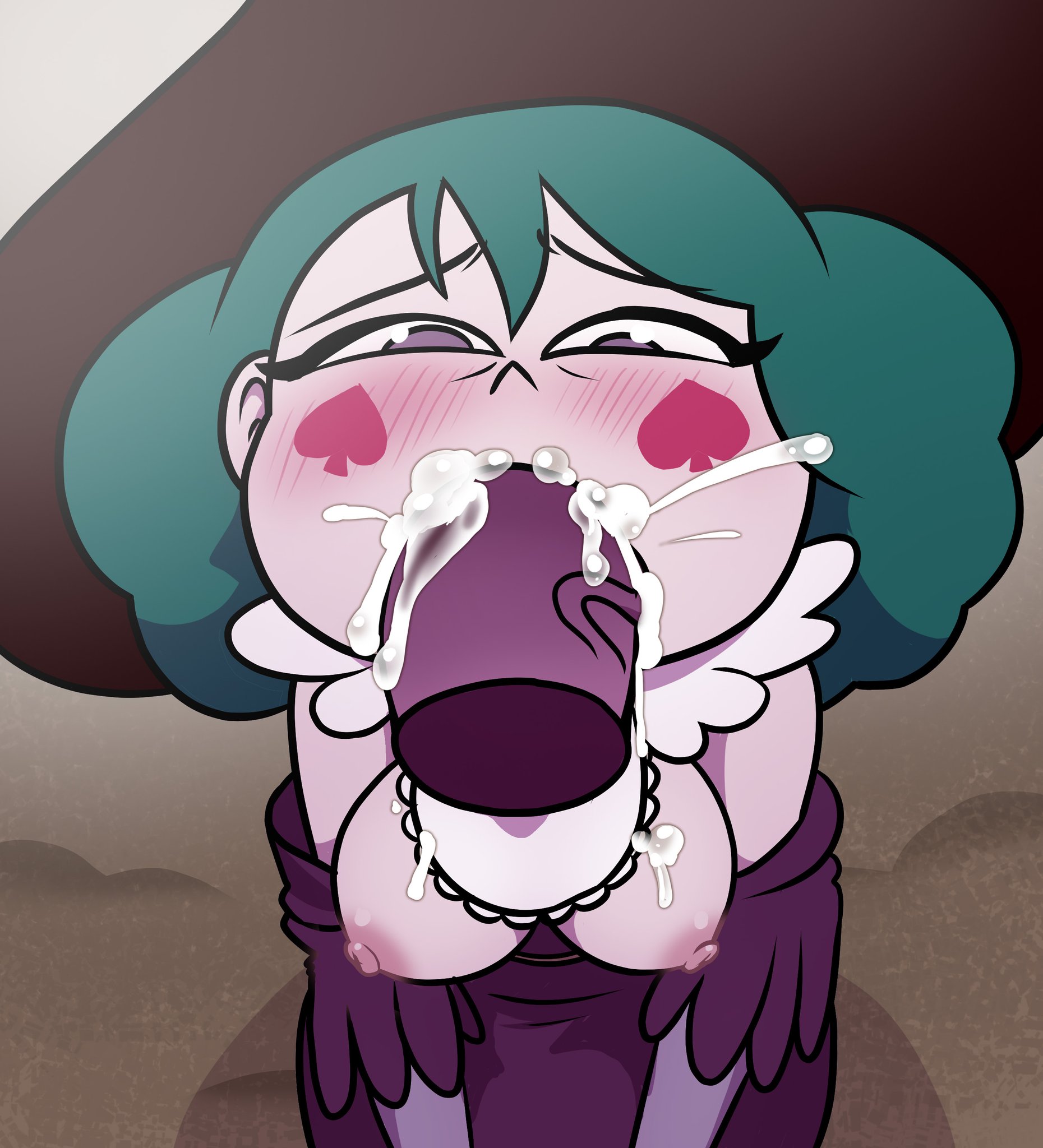 1boy, 1girls, areolae, breasts, clothing, cum, cum in mouth, cum inside, disembodied penis, disney, disney channel, disney xd, duo, eclipsa butterfly, fellatio, female, green hair, hair, inkershike, light skin, light-skinned female, male, nipples, oral, pale skin, pale-skinned female, partial male, penis, pov, star vs the forces of evil, straight, sucking, white female