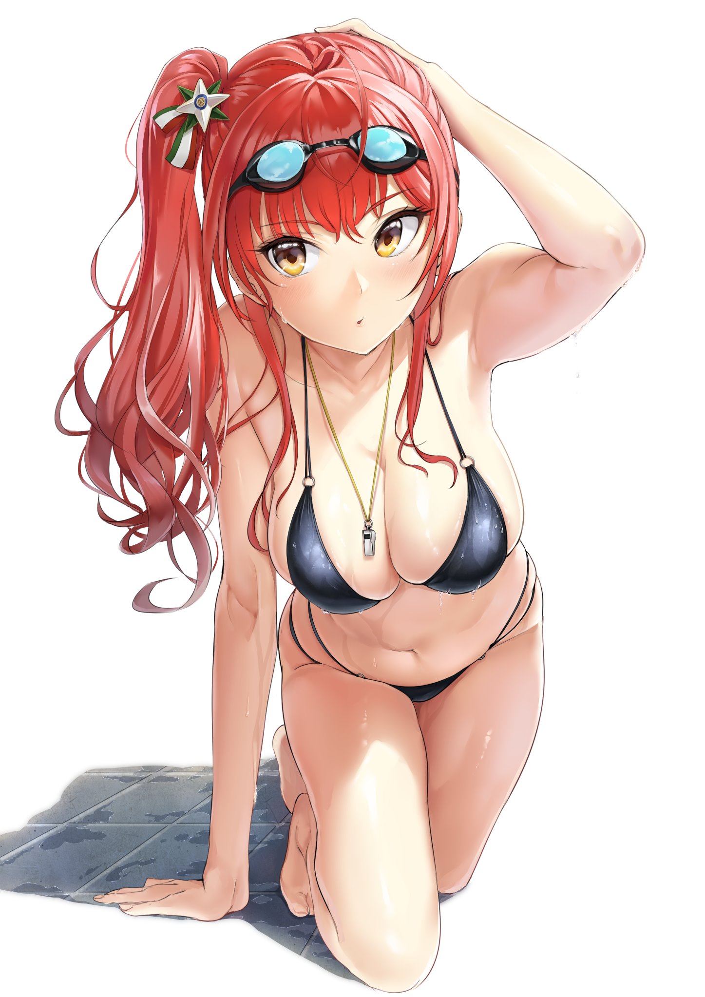akita hika, armpits, azur lane, belly, bikini, black bikini, breasts, busty, close-up, curvy, female, female only, highres, large breasts, navel, o-ring bikini, ponytail, red hair, thick, voluptuous, wet, whistle, yellow eyes, zara (azur lane)