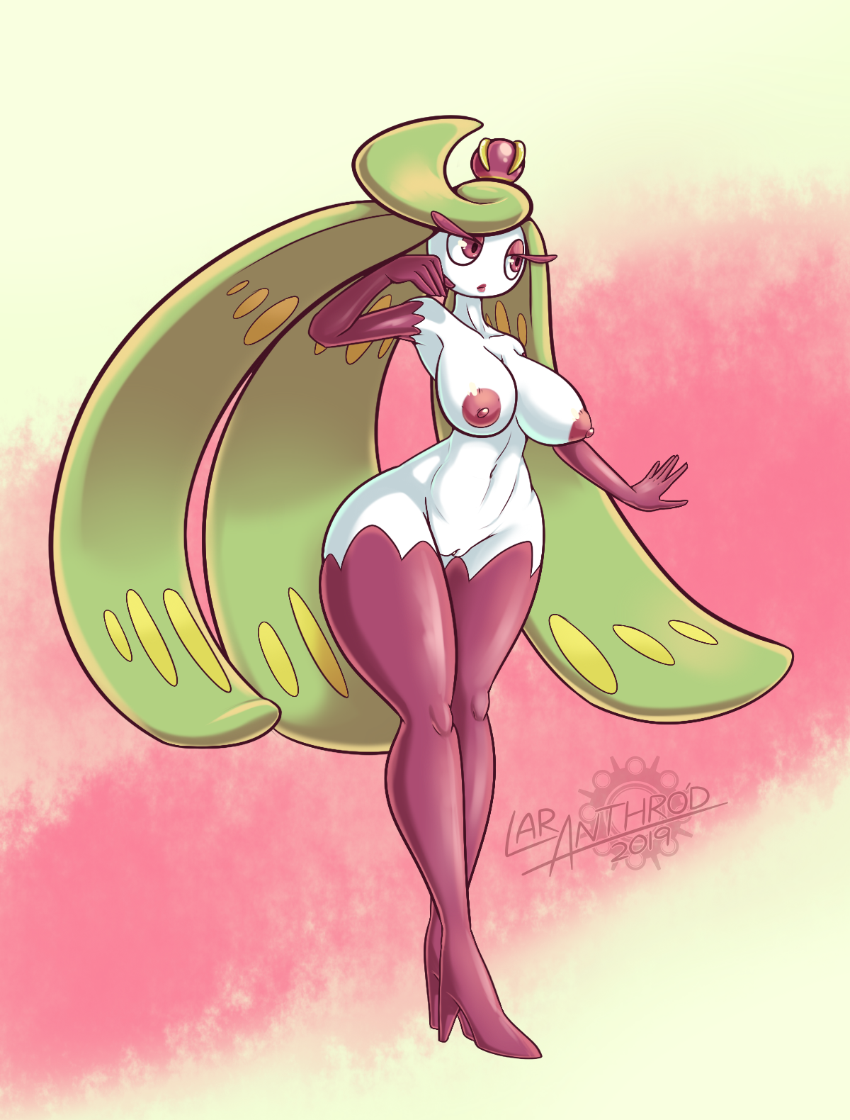 1girls, abs, anthro, anthrofied, armpits, ass, breasts, eyelashes, female, full body, high heels, huge ass, large breasts, latiar, looking away, nintendo, nude, original character, plant, pokemon, pokemon sm, pose, pussy, small breasts, solo, text, thick thighs, tsareena, watermark, wide hips
