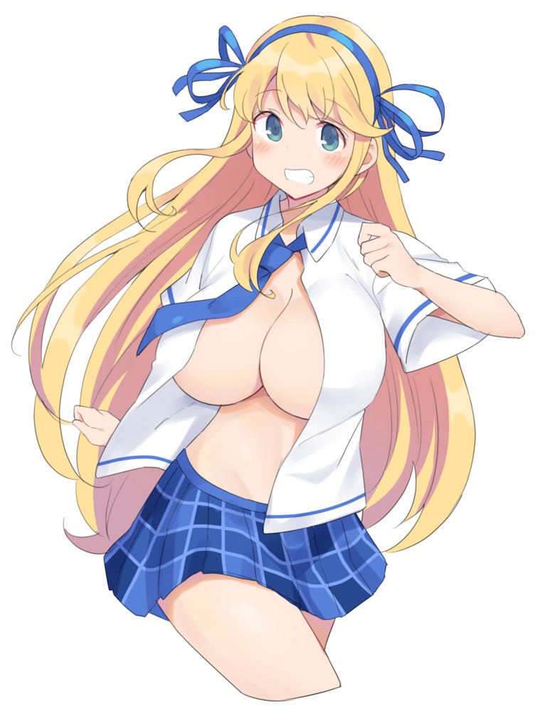 1girls, between breasts, blonde hair, blue eyes, blue necktie, blue ribbon, blue skirt, blush, breasts, cowboy shot, female, green eyes, grin, hair ribbon, highres, huge breasts, katsuragi (senran kagura), large breasts, long hair, looking at viewer, mukuba, necktie, necktie between breasts, no bra, open clothes, open shirt, plaid, plaid skirt, ribbon, school uniform, senran kagura, short sleeves, skirt, smile, solo, standing, swept bangs, very long hair