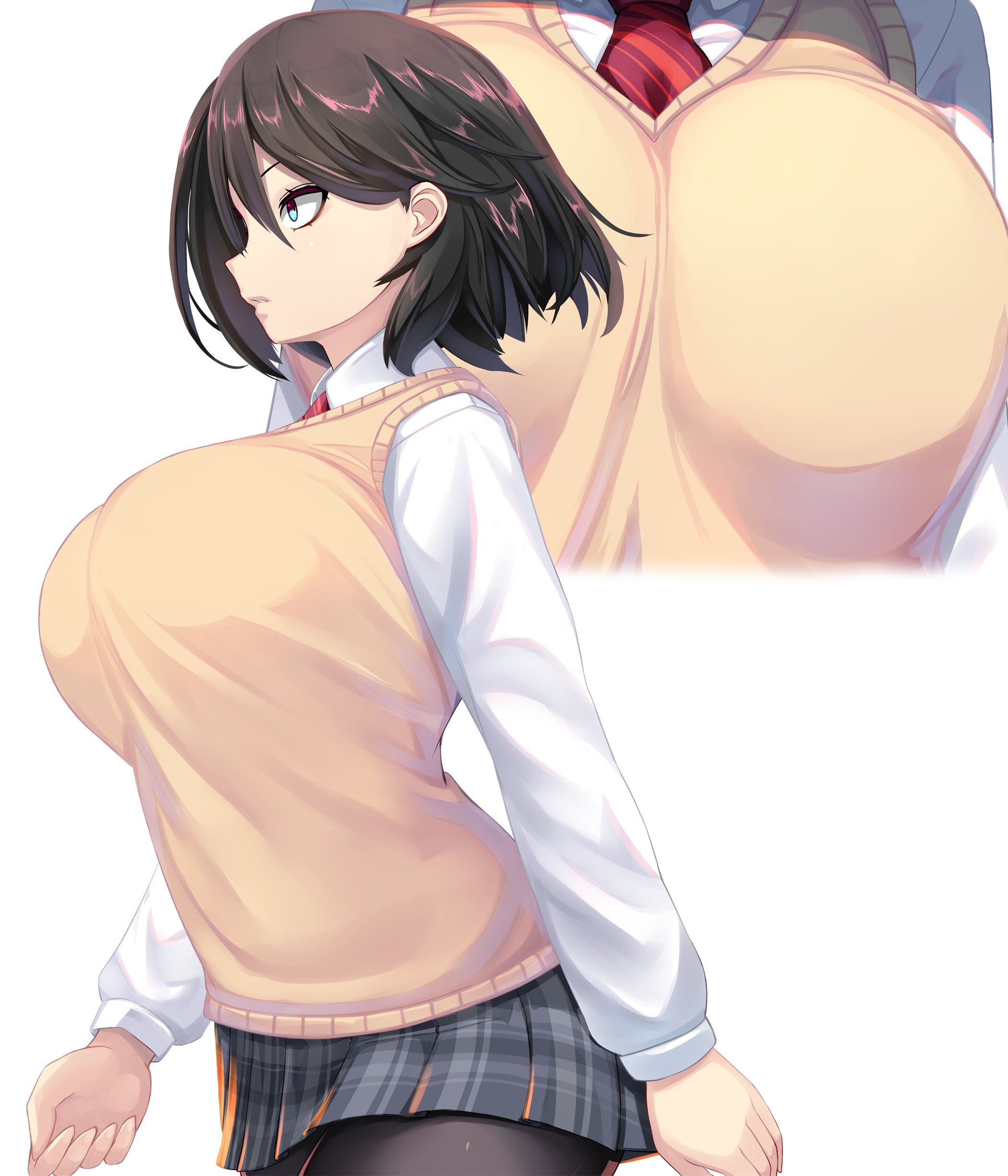 1girls, big breasts, black hair, blue eyes, breasts, busty, female, female only, hayakawa mayumi, hi res, highres, huge breasts, large breasts, medium hair, original, original character, school uniform, shiki (psychedelic g2), solo, tagme