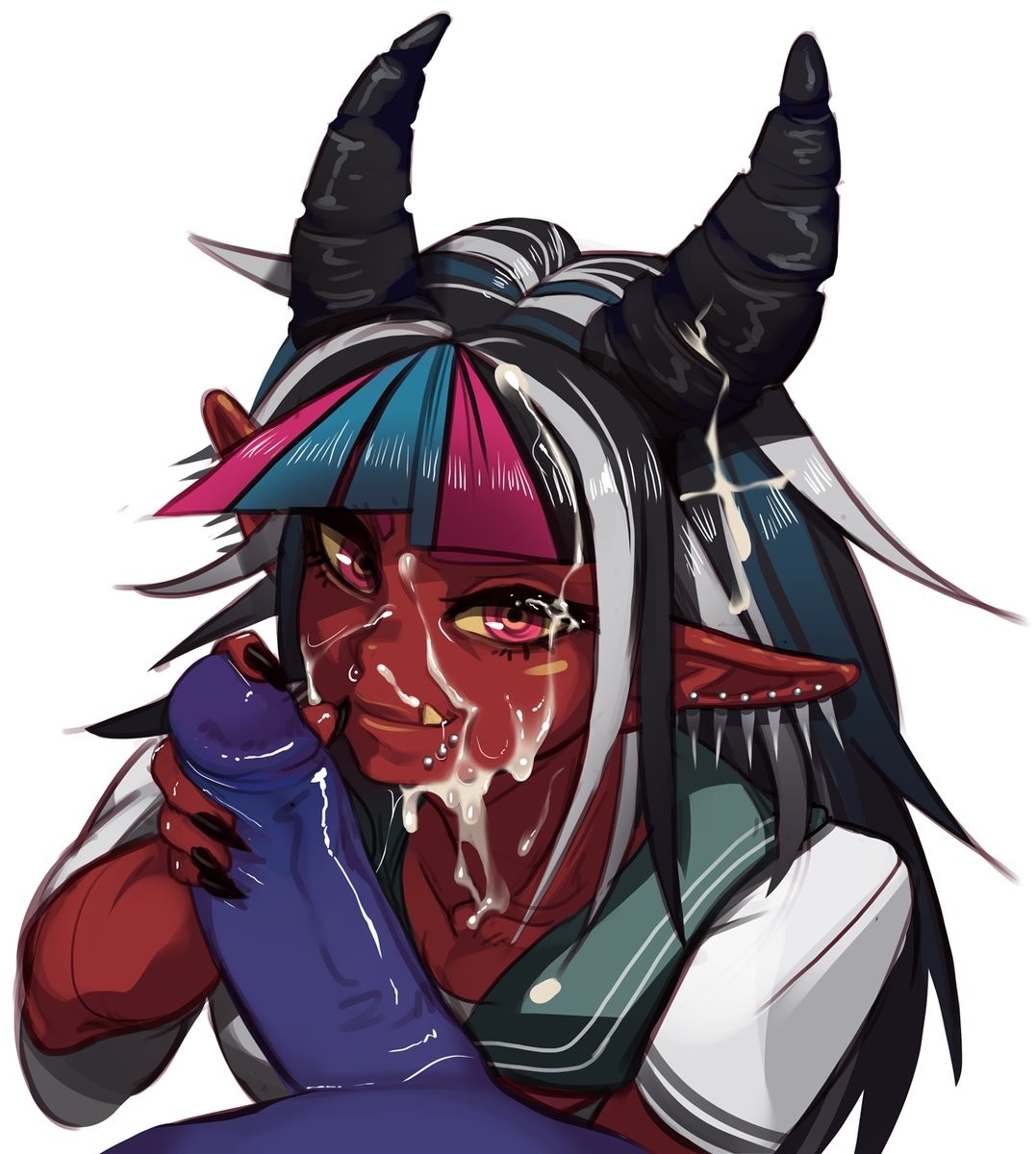 1boy after_fellatio after_sex black_hair black_nails blue_hair cum cum_in_nose cum_on_face cum_on_hair danganronpa danganronpa_2:_goodbye_despair ear_piercing facial fang female fingernails grey_hair highres horns large_penis lip_piercing long_hair looking_at_viewer mioda_ibuki multicolored_hair oni oni_horns penis penis_grab piercing pink_eyes pink_hair pointy_ears polyle pov purple_skin red_oni red_skin school_uniform serafuku sharp_fingernails smooth_skin solo_focus straight streaked_hair super_danganronpa_2 tongue tongue_out uncensored white_background yellow_sclera