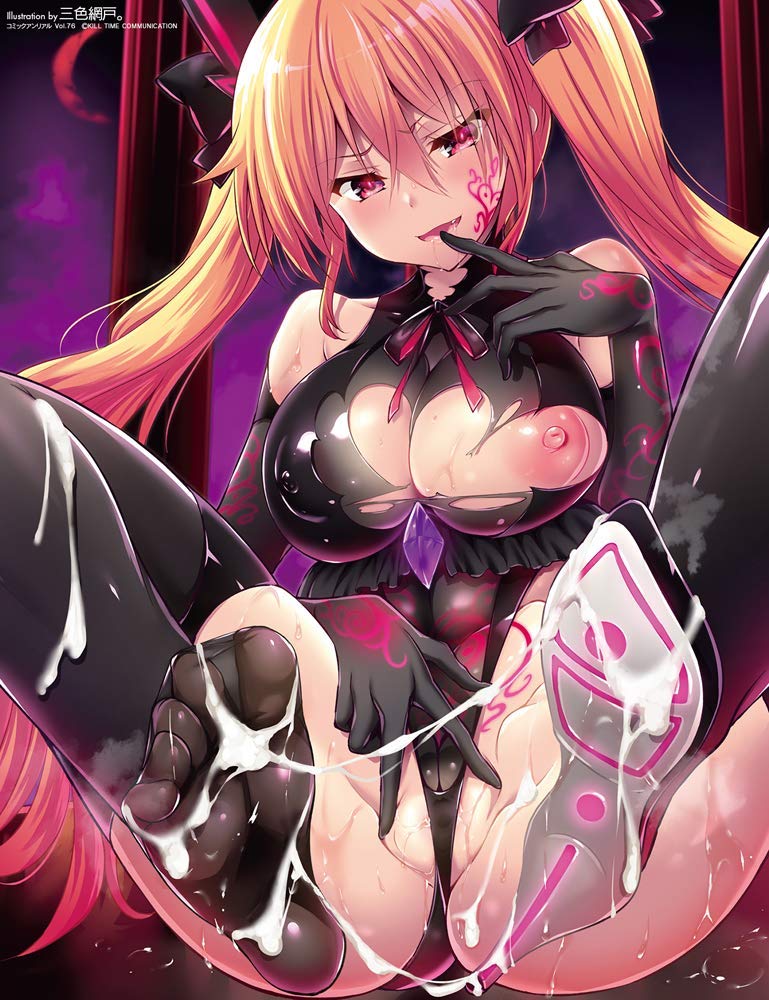 artist_request blonde_hair breasts copyright_request corruption covered_nipples cum feet female girls'_frontline hair_ribbon nipples pubic_tattoo red_eyes ribbon solo tattoo twintails ump9_(girls'_frontline)