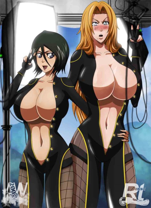 2girls, alternate breast size, big breasts, bimbo, black hair, bleach, bodysuit, breasts, cleavage, ero-enzo, female, fishnet pantyhose, huge breasts, kuchiki rukia, latex, long hair, matsumoto rangiku, multiple females, multiple girls, short hair