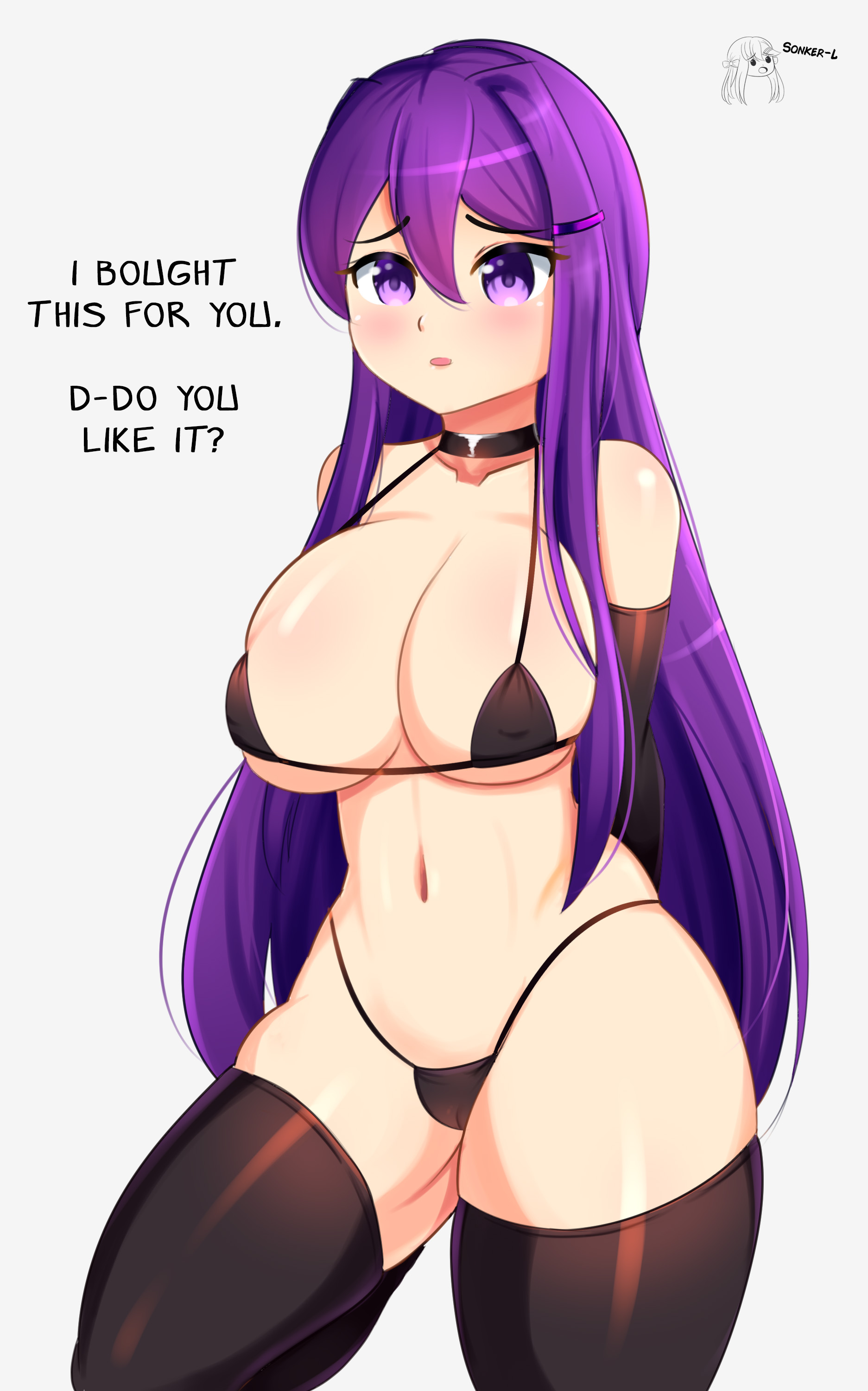 1girls, bikini, blush, doki doki literature club, female, hair ornament, hairclip, long gloves, long hair, micro bikini, purple eyes, purple hair, sonker-lewds, thick thighs, thighhighs, yuri (doki doki literature club)