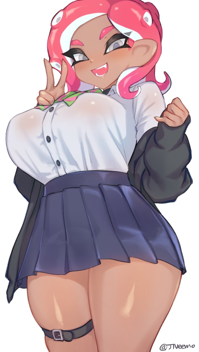 1girls, agent 8 (splatoon), ass, big breasts, breasts, breasts visible through clothing, clothed, dark skin, dark-skinned female, female, female only, jtveemo, no bra, octoling, peace sign, school uniform, seductive smile, skirt, smile, solo, splatoon, splatoon 2, thick ass, thick legs, thick thighs, thigh strap, thighs, translucent clothing, v