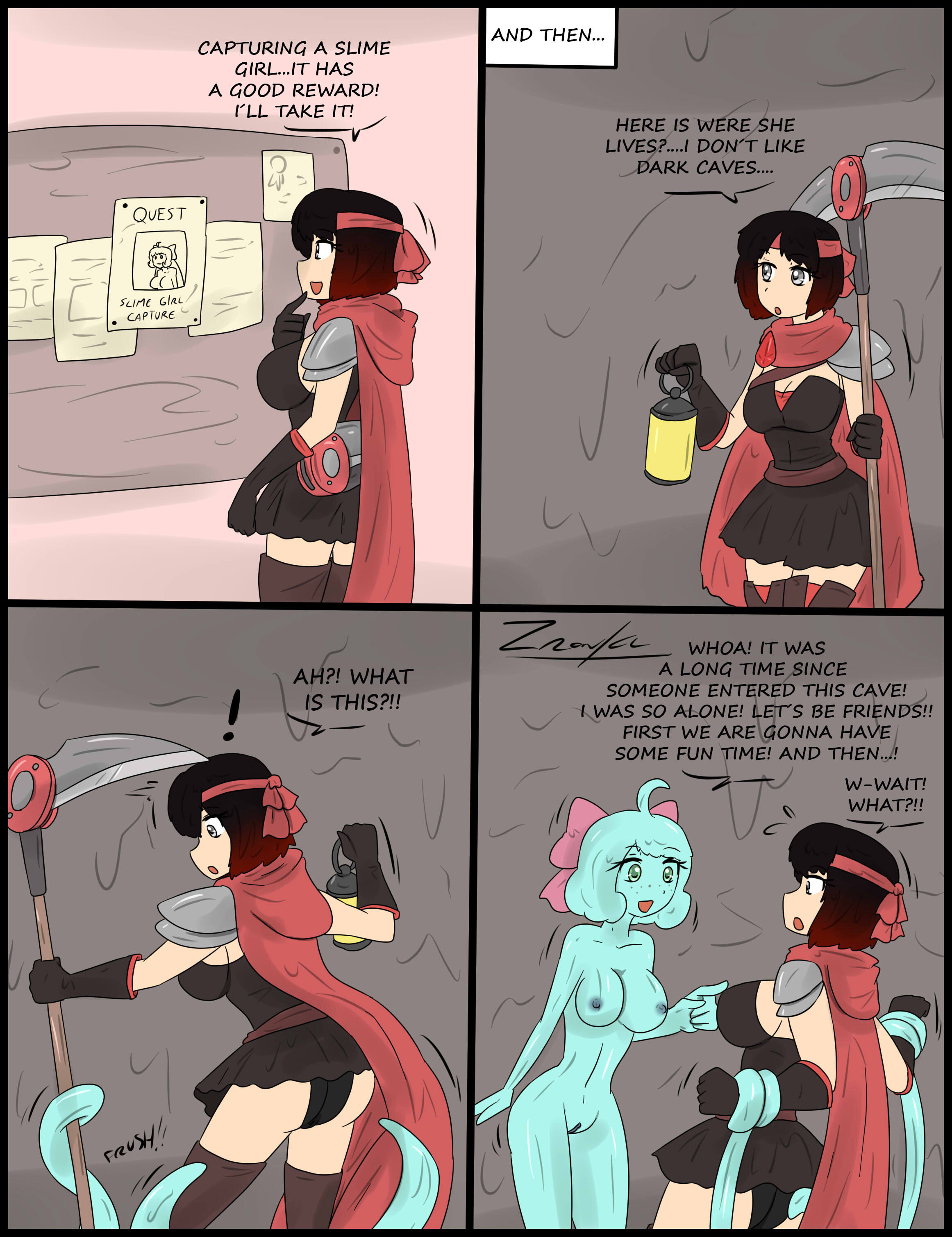 2girls, alternate universe, comic, female, female only, human, monster girl, multiple females, multiple girls, penny polendina, ruby rose, rwby, scythe, slime girl, tentacle, zronku