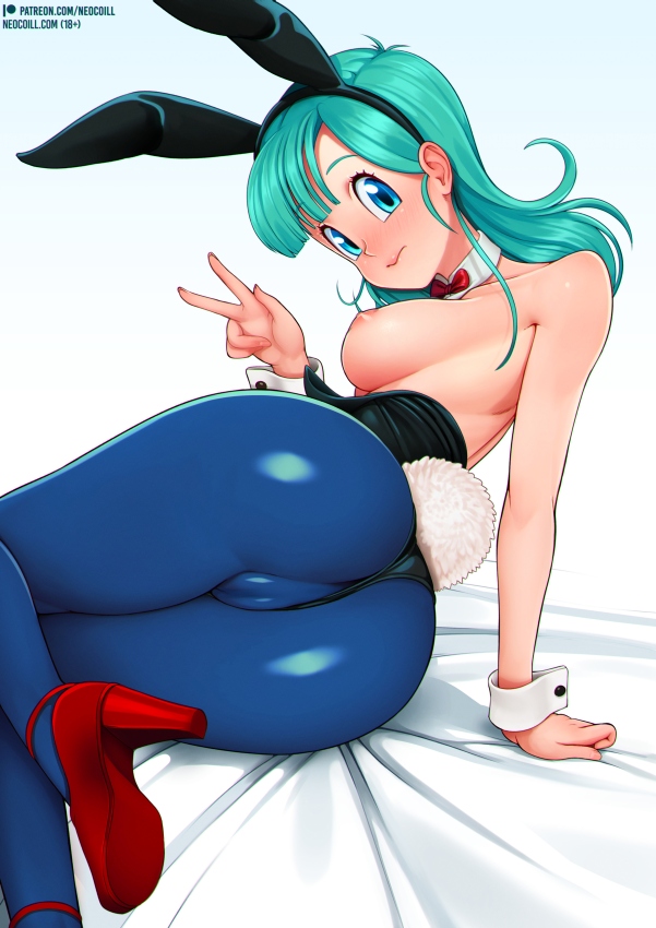 1girls, areolae, ass, blush, breasts, bulma, bulma (bunny), bulma briefs, bunny ears, bunny girl, bunnysuit, cameltoe, dragon ball, dragon ball (classic), female, female only, looking at viewer, looking back, neocoill, nipples, pantyhose, pussy, solo, teal hair, teenage bulma, teenage female, teenager
