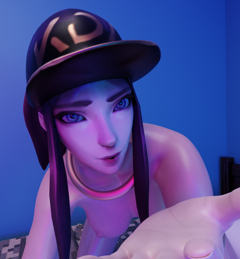 3d akali bed blender breasts brown_hair cap dekkernsfw female human k/da_akali k/da_series kneeling league_of_legends looking_at_viewer topless white_skin