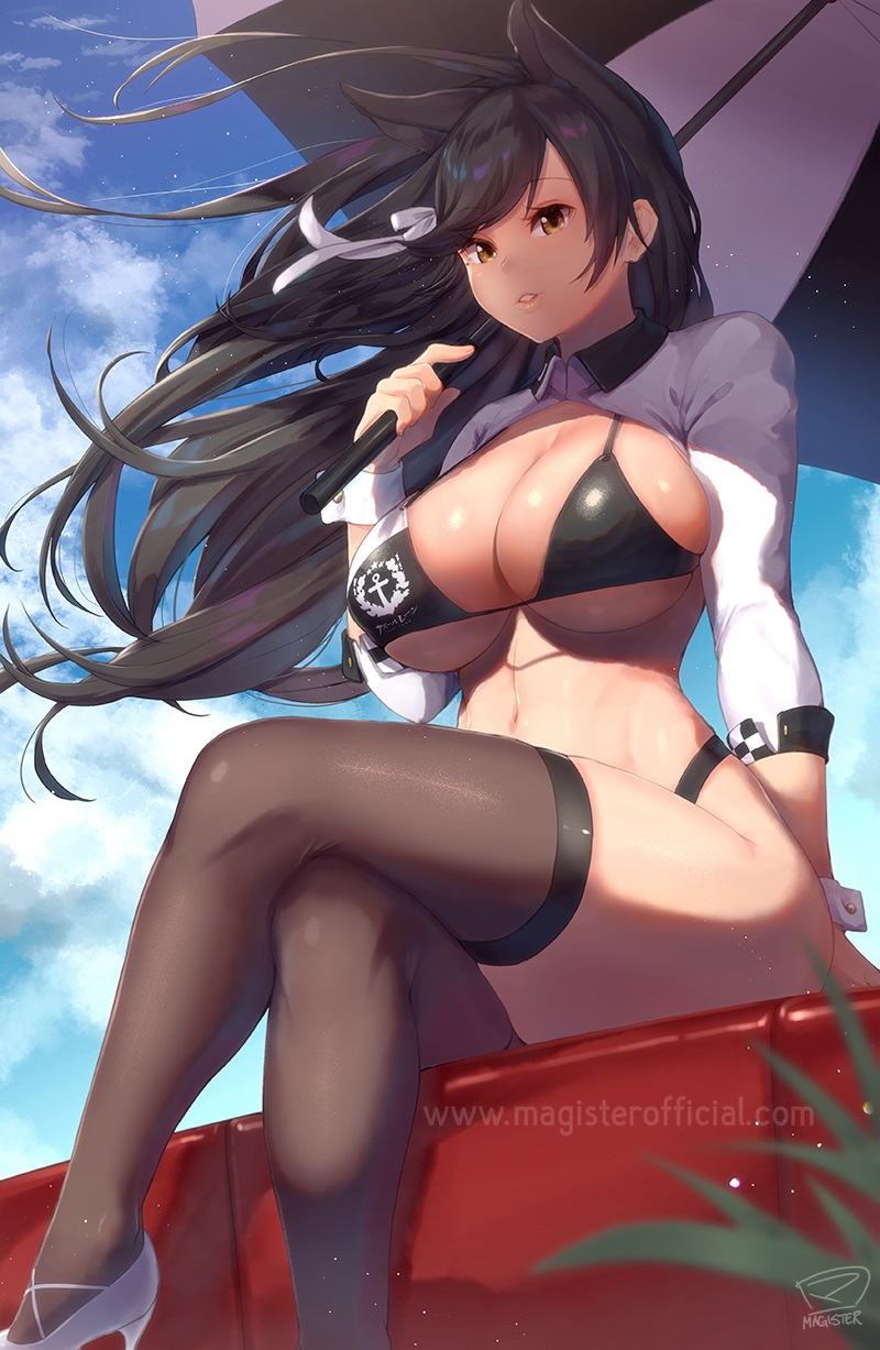 1girls, animal ears, atago (azur lane), azur lane, black bikini, black hair, breasts, brown eyes, brown legwear, cleavage, crossed legs, female, high heels, holding, holding umbrella, huge breasts, light smile, magister (bigbakunyuu), parted lips, race queen, shrug (clothing), sitting, smile, thighhighs, thighs, umbrella