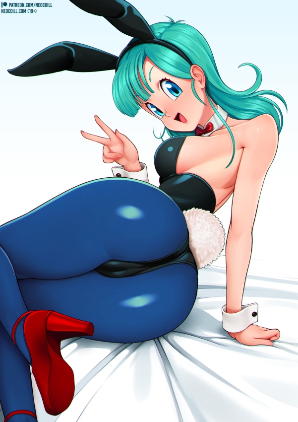1girls, ass, breasts, bulma, bulma (bunny), bulma briefs, bunny ears, bunny girl, bunnysuit, cameltoe, dragon ball, dragon ball (classic), female, female only, looking at viewer, looking back, neocoill, pantyhose, pussy, solo, teal hair, teenage bulma, teenage female, teenager