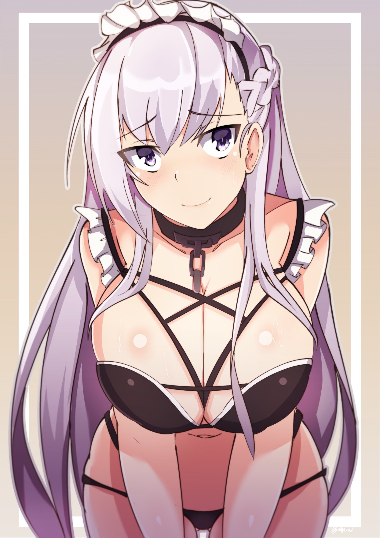 1girls, ass visible through thighs, azur lane, bangs, belfast (azur lane), bent over, bikini, black bikini, braid, breasts, chains, cleavage, collar, female, french braid, hair between eyes, large breasts, leaning forward, long hair, looking at viewer, maid, maid headdress, metal collar, navel, purple background, purple eyes, smile, swimsuit, white hair