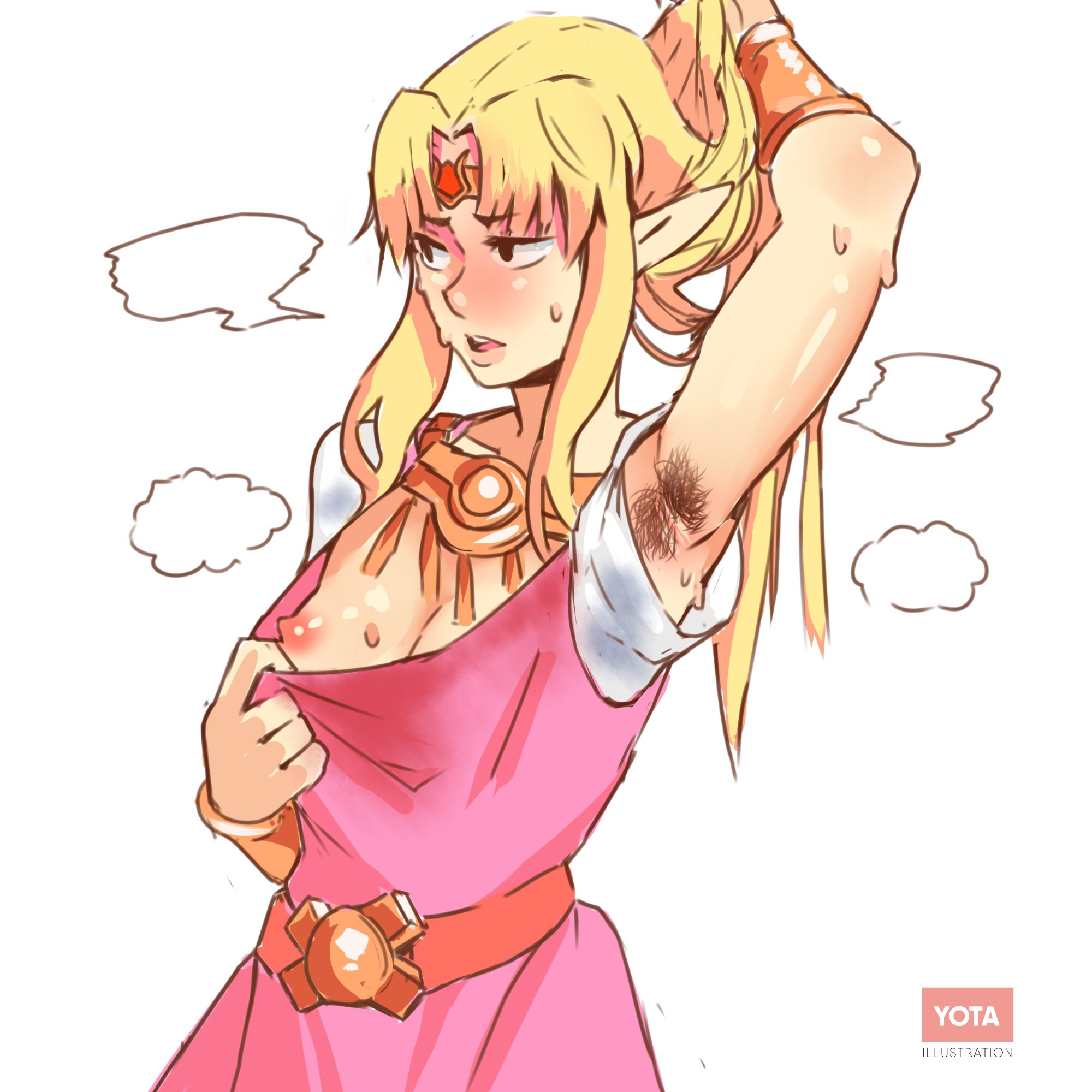 1girls, a link between worlds, areolae, arm behind head, armpit fetish, armpit hair, armpit peek, armpits, bangle, bangs, belt, blonde hair, blush, breasts, clothing, dress, female, female focus, female only, gold, holding hair, jewelry, long ears, long hair, necklace, nintendo, nipples, open mouth, pink dress, princess zelda, shirt pull, simple background, smell, solo, solo female, solo focus, sweat, sweat stain, sweatdrop, sweaty, sweaty armpits, sweaty breasts, the legend of zelda, tiara, watermark, yotahen, zelda (a link between worlds)