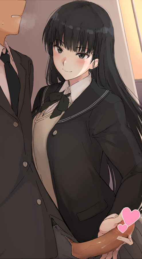 1boy 1girls amagami ayatsuji_tsukasa bangs black_eyes black_hair breast_press censored clothed femdom hand_on_penis handjob hime_cut long_hair mobu open_pants penis qow ribbon school school_uniform schoolgirl smirk