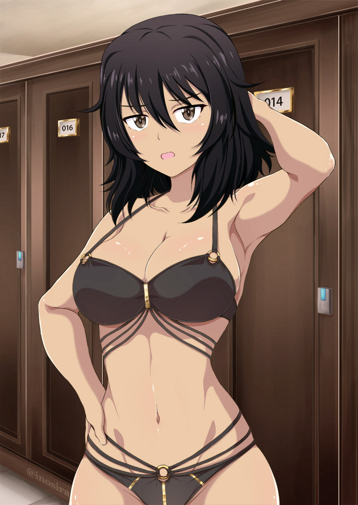 1girls andou_(girls_und_panzer) bikini black_hair blush breasts brown_eyes cute dark-skinned_female female fringe girls_und_panzer inoshira locker looking_at_viewer medium_hair navel petite slim solo tan_skin teenager