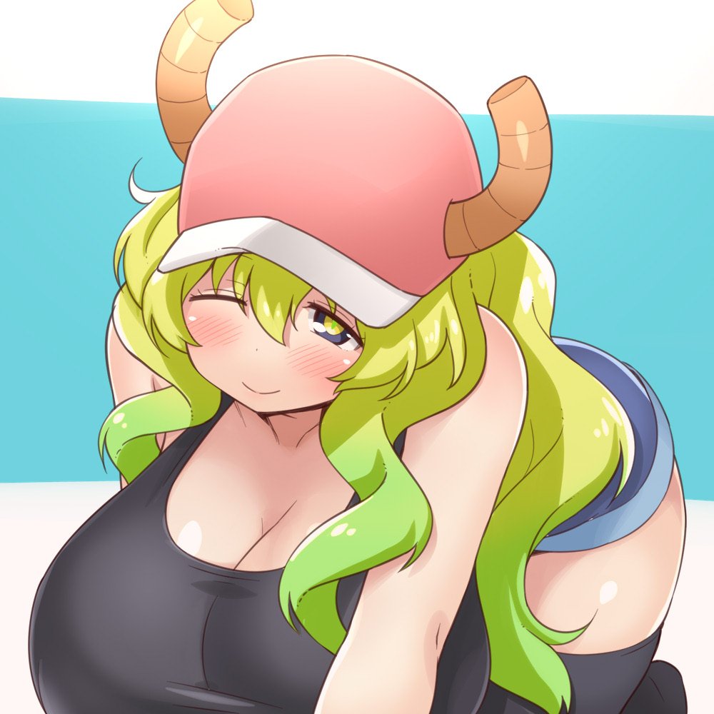 1girls, all fours, bare shoulders, baseball cap, black legwear, blonde hair, blush, breasts, cleavage, female, green hair, horns, huge breasts, jean shorts, looking at viewer, miss kobayashi's dragon maid, multicolored hair, one eye closed, purple eyes, quetzalcoatl (dragon maid), short shorts, shorts, smile, tank top, thighhighs