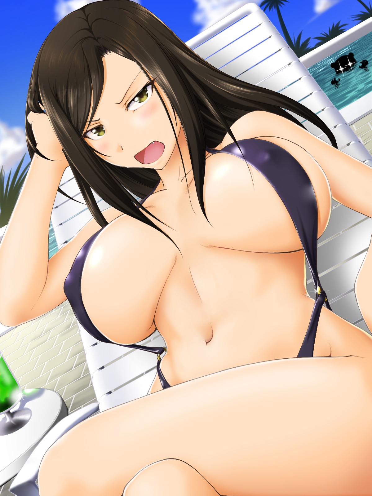 1girls, adjusting hair, annoyed, beach chair, blue sky, breasts, breasts apart, crossed legs, day, drink, dutch angle, female, glass, grey eyes, idolmaster, large breasts, long hair, looking at viewer, lying, mukai takumi, navel, oerba yun fang, on back, open mouth, pool, sling bikini, swimsuit, table, thighs, tile floor, tiles, wide hips