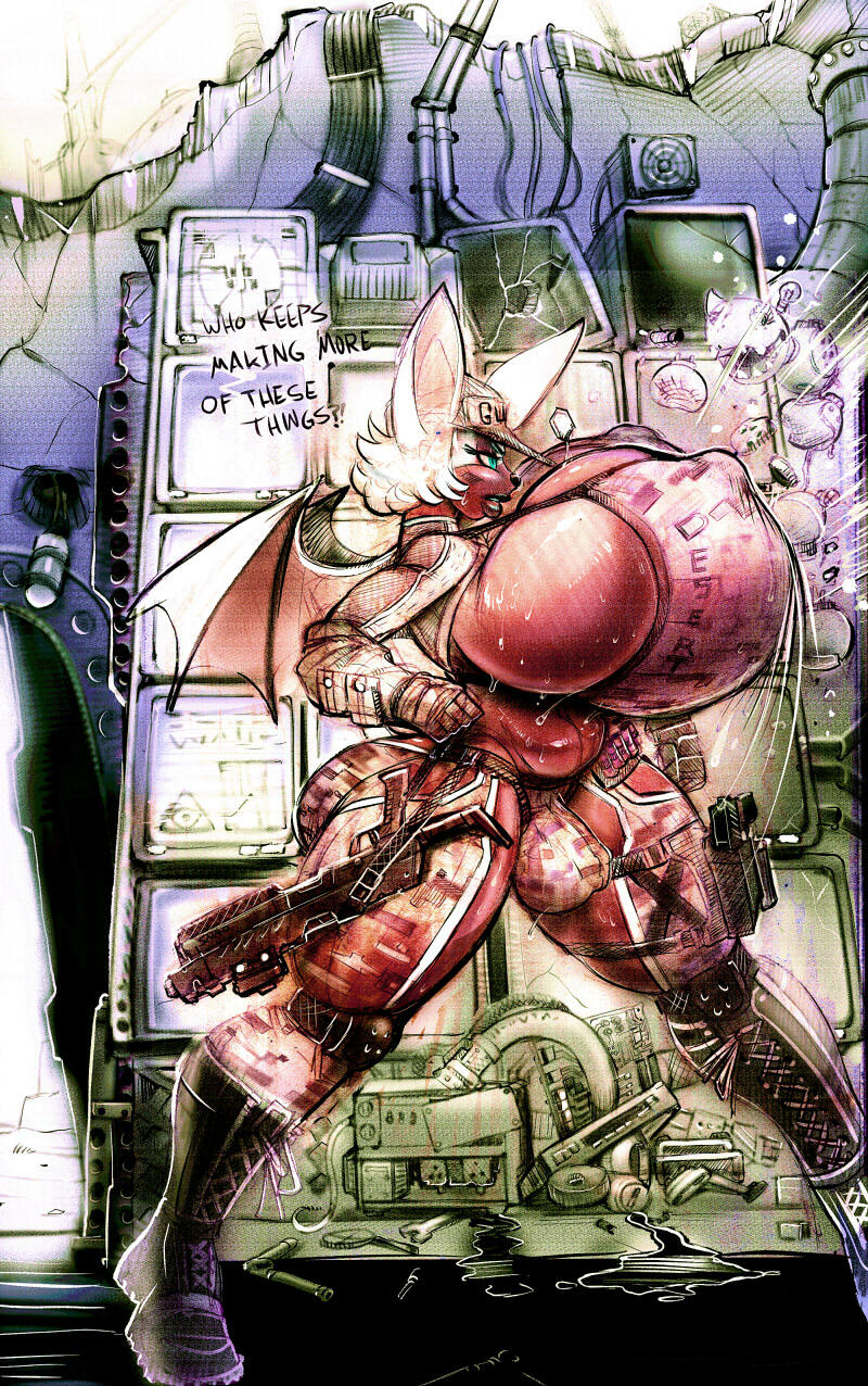 2019 anthro boots bulge cap chaps covered_nipples eyewear_on_head furry futa_only futanari garter_belt garter_straps gigantic_breasts grenade gun holster huge_ass inflation intersex knee_pads lace plump pouch rouge_the_bat sega sepia shrug_(clothing) snao sonic_(series) sweat thick_thighs