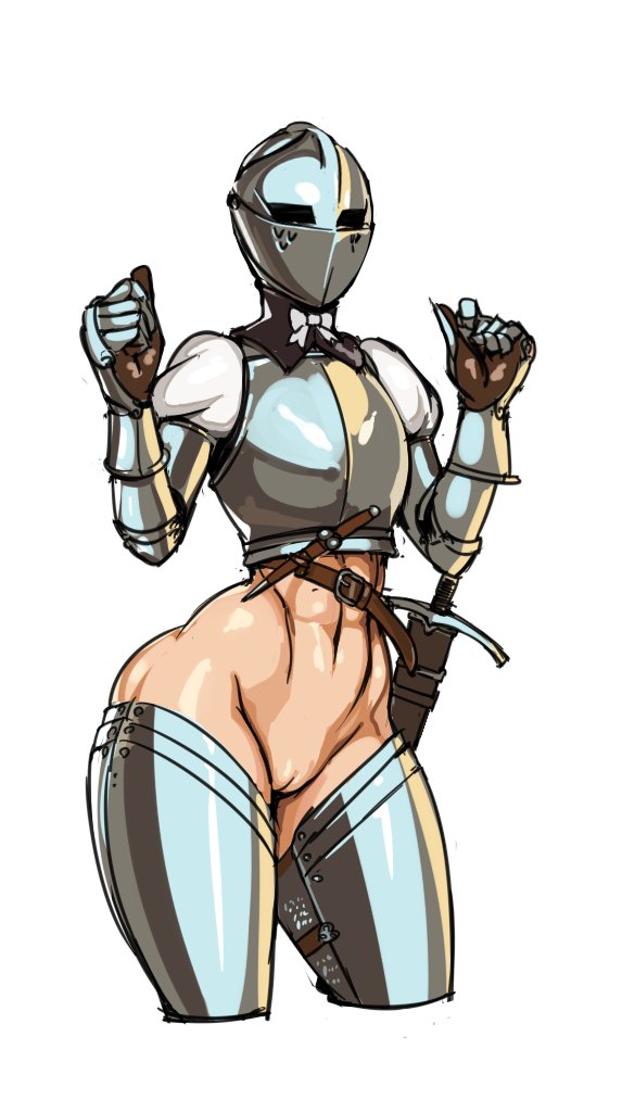 armor boots bottomless breastplate cleft_of_venus covered_face cowboy_shot female gauntlets helmet kardia_(nisetanaka) knife knight navel nisetanaka original plate_armor pussy revealing_clothes scabbard sheath sheathed simple_background solo sword thigh_boots thighhighs uncensored weapon white_background