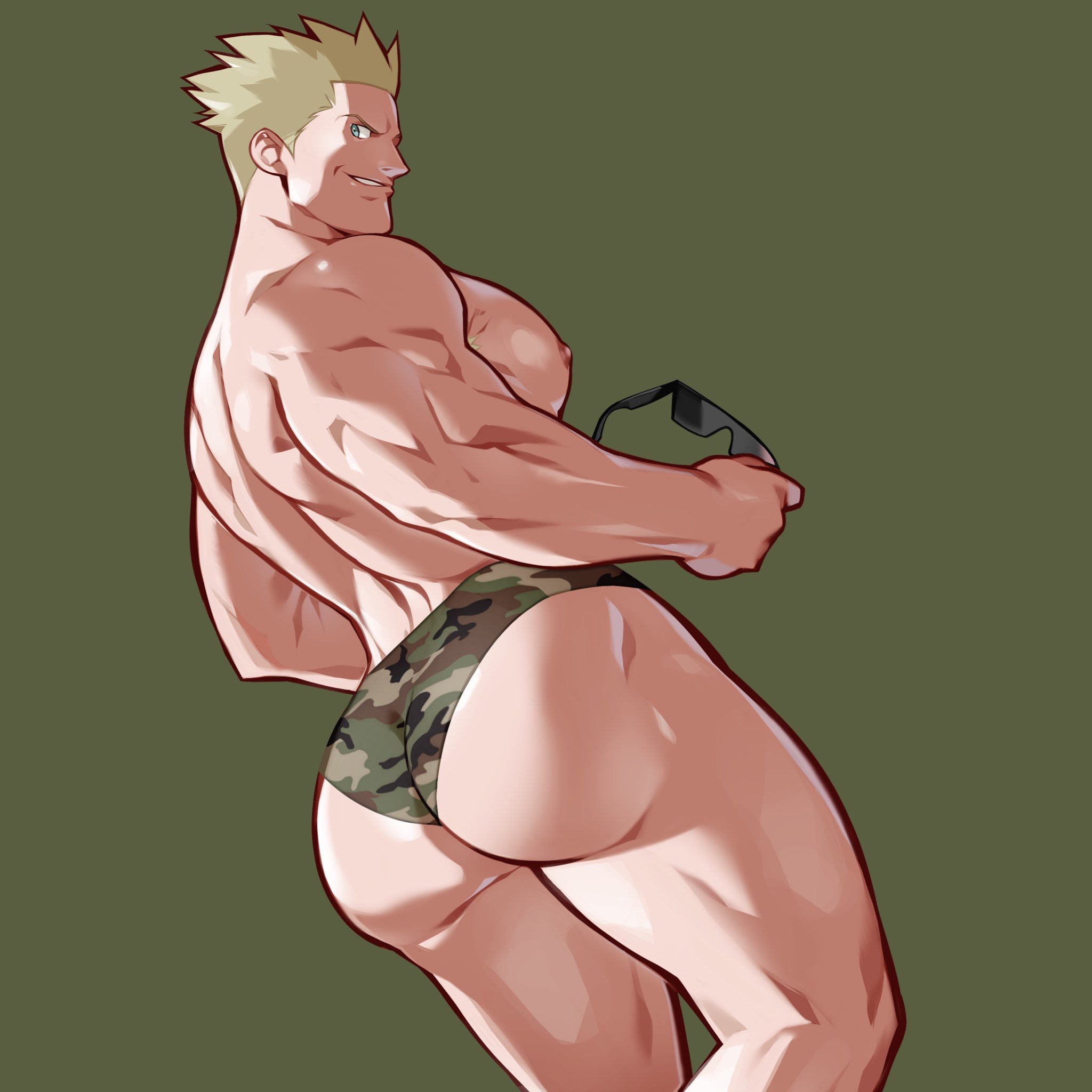 1boy, ass, back muscles, back view, bara, big ass, big breasts, blonde hair, blue eyes, breasts, bubble ass, bubble butt, camo, camouflage, dizdoodz, eye contact, eyewear removed, femboy, femboy dilf, green background, green panties, green underwear, grin, half-closed eyes, huge ass, huge muscles, huge pecs, huge thighs, human, human only, looking at viewer, looking back, lt surge, male, male focus, male only, male with breasts, moobs, muscles, muscular, muscular male, nintendo, nipples, pattern underwear, pokemon, pokemon frlg, pokemon masters, pokemon rgby, pose, presenting, presenting ass, presenting butt, short hair, sideboob, sidepec, smile, smirk, solo, solo focus, solo male, spiked hair, sunglasses, sunglasses removed, teeth, thick ass, thick thighs, thighs, thong, topless, underwear, underwear only, yaoi