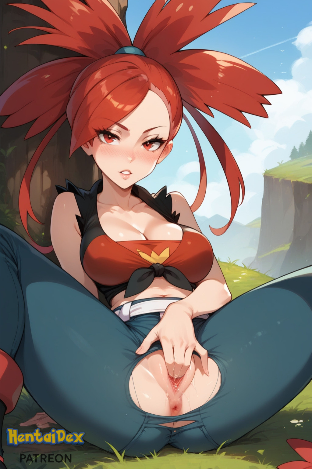 ai_generated anus arm_support bangs belt big_breasts black_shirt blush breasts cleavage cloud collarbone crop_top day female female_masturbation fingering flannery_(pokemon) grass hentaidex hentaidexfuta large_breasts long_hair looking_at_viewer masturbation midriff navel outdoors pants parted_lips patreon patreon_username ponytail pussy red_eyes red_hair rock shirt sitting sky sleeveless solo spread_legs tied_shirt torn_clothes torn_pants uncensored