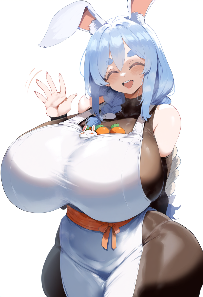 ai_generated ameanon apron bare_shoulders big_breasts bodystocking breasts bunny_girl cleavage gigantic_breasts hololive huge_breasts large_breasts pantyhose pekomama rabbit_ears rabbit_girl sideboob thick_thighs virtual_youtuber vtuber wide_hips