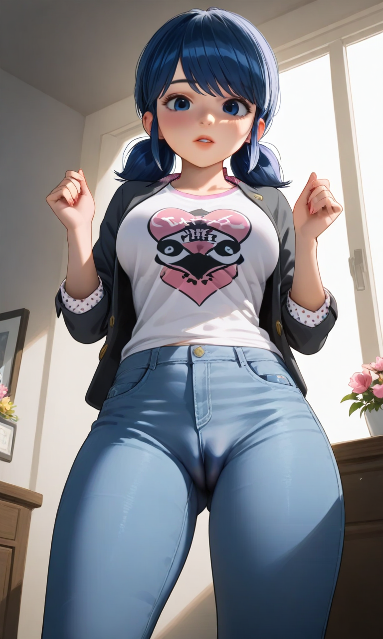 1female 1girls ai_generated blouse_jacket blue_eyes blue_hair blue_jeans cameltoe chloenette69 disney disney_channel ladybug_(character) large_ass large_breasts looking_at_viewer marinette_cheng marinette_dupain-cheng miraculous:_tales_of_ladybug_and_cat_noir miraculous_ladybug solo_female solo_focus standing thick_thighs twintails white_tank_top