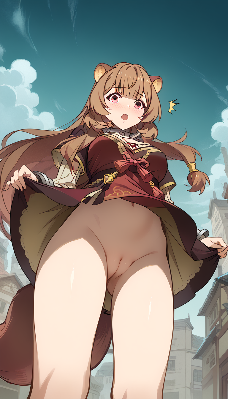 1girls :o ^^^ ai_generated animal_ear_fluff animal_ears ass_visible_through_thighs bangs blue_sky blunt_bangs blush breasts brown_dress brown_hair building cleft_of_venus clothes_lift cloud collar day dress dress_lift embarrassed from_below groin large_breasts lifted_by_self long_hair long_sleeves looking_at_viewer looking_down medium_breasts natsuyoru navel no_panties open_mouth outdoors public_indecency pussy raccoon_ears raccoon_girl raccoon_tail raphtalia red_dress red_eyes short_dress short_sleeves sidelocks skirt sky solo standing surprised tail tate_no_yuusha_no_nariagari the_rising_of_the_shield_hero thighs uncensored upskirt very_long_hair