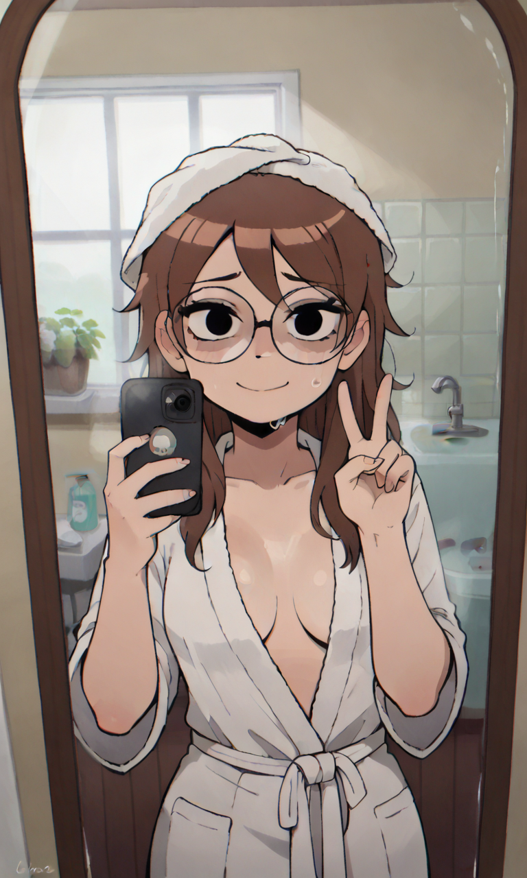 ai_generated ass bigmic145 bra breasts brown_hair cleavage clothed clothed_female clothing female female_only glasses julie_powers messy_hair naked_robe netflix open_robe robe scott_pilgrim scott_pilgrim_takes_off see-through solo_female wet