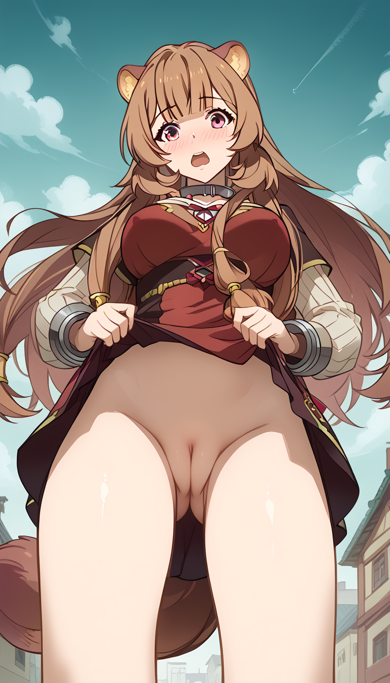 1girls ai_generated animal_ear_fluff animal_ears ass_visible_through_thighs bangs blue_sky blunt_bangs blush breasts brown_hair building cleft_of_venus clothes_lift cloud collar cowboy_shot cuffs day dress dress_lift from_below groin large_breasts lifted_by_self long_hair long_sleeves looking_at_viewer looking_down natsuyoru no_panties nose_blush open_mouth outdoors pink_eyes public_indecency purple_eyes pussy raccoon_ears raccoon_girl raccoon_tail raphtalia red_dress red_eyes short_dress sidelocks skirt skirt_lift sky solo standing tail tate_no_yuusha_no_nariagari teeth the_rising_of_the_shield_hero thighs uncensored upper_teeth_only very_long_hair