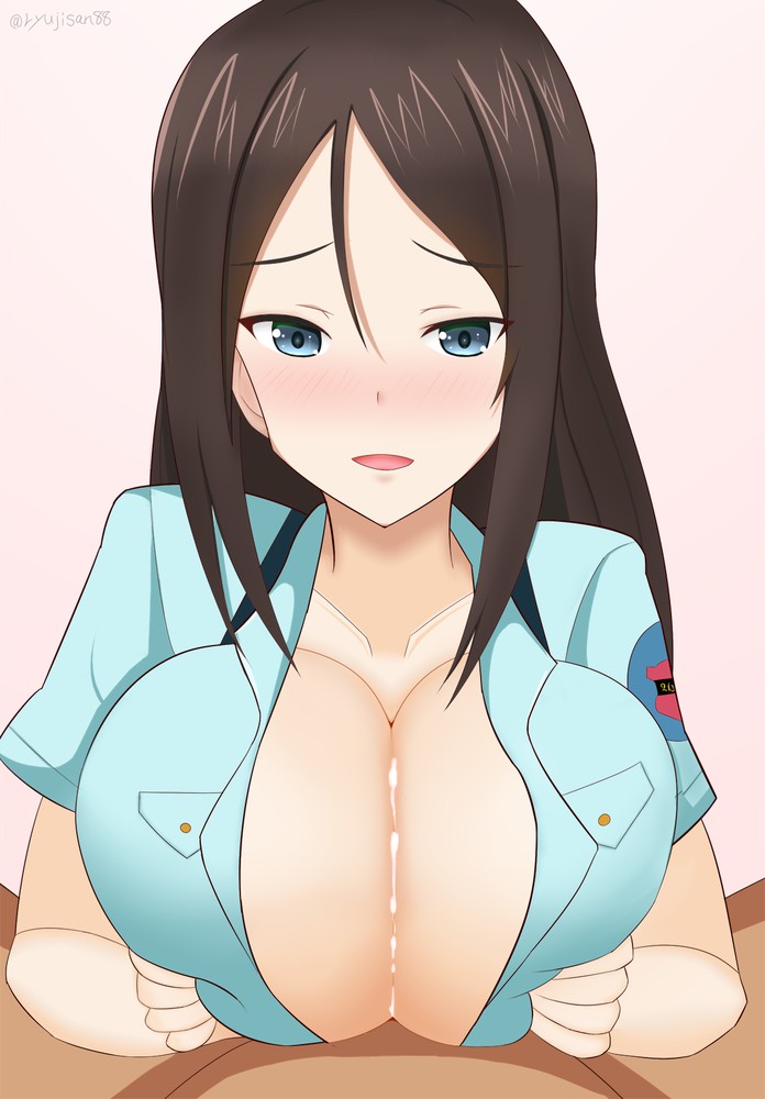 1boy, aoshidan school uniform, breasts, brown hair, cum, female, girls und panzer, huge breasts, long hair, male, nonna (girls und panzer), paizuri, smile