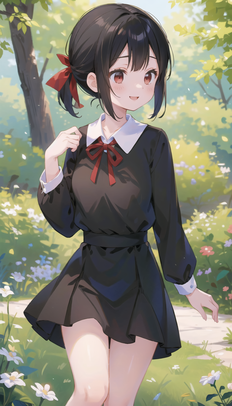 1girls :d ai_generated bangs black_dress black_hair black_shirt black_skirt blush bow breasts brown_eyes bush collarbone collared_dress collared_shirt day dress feet_out_of_frame flower grass hair_ribbon hairbow hand_up kaguya-sama_wa_kokurasetai_~tensai-tachi_no_renai_zunousen~ long_sleeves looking_to_the_side natsuyoru neck_ribbon open_mouth outdoors ponytail red_bow red_eyes red_ribbon ribbon school_uniform shinomiya_kaguya shirt short_hair short_ponytail shuuchiin_academy_school_uniform sidelocks skirt smile solo standing tree white_collar white_flower