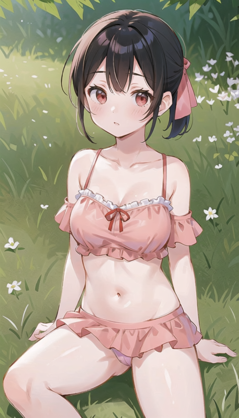 1girls ai_generated arm_support bangs bare_shoulders bikini bikini_skirt black_hair blush breasts cameltoe cleavage closed_mouth collarbone day detached_sleeves flower frilled_bikini frills grass hair_ribbon kaguya-sama_wa_kokurasetai_~tensai-tachi_no_renai_zunousen~ looking_at_viewer medium_breasts natsuyoru navel off-shoulder_bikini on_grass on_ground outdoors parted_lips pink_bikini pink_ribbon ponytail red_eyes red_ribbon ribbon shinomiya_kaguya short_hair short_ponytail sidelocks sitting solo stomach swimsuit thighs white_flower