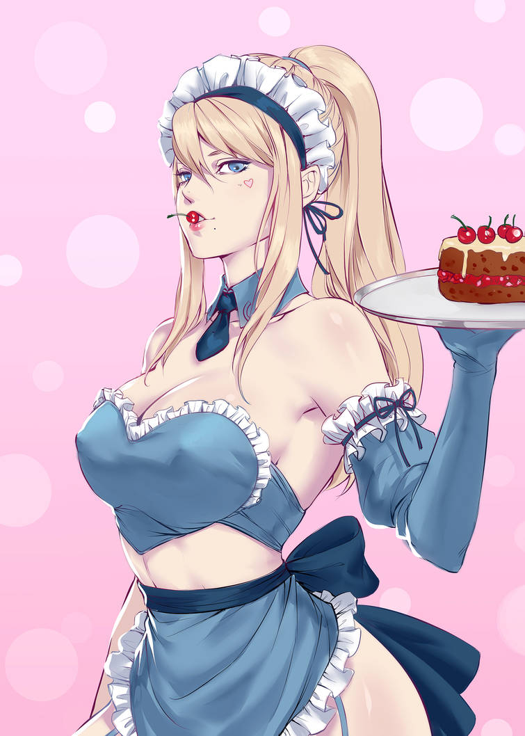 1girls apron armpit armpits blonde_hair blue_eyes breasts cake cherry chubymi deep_armpits detached_collar elbow_gloves food food_in_mouth garter_straps gloves heart holding_tray large_breasts looking_at_viewer maid maid_apron maid_headdress maid_uniform metroid mole mole_under_mouth necktie nintendo ponytail samus_aran tray waist_apron