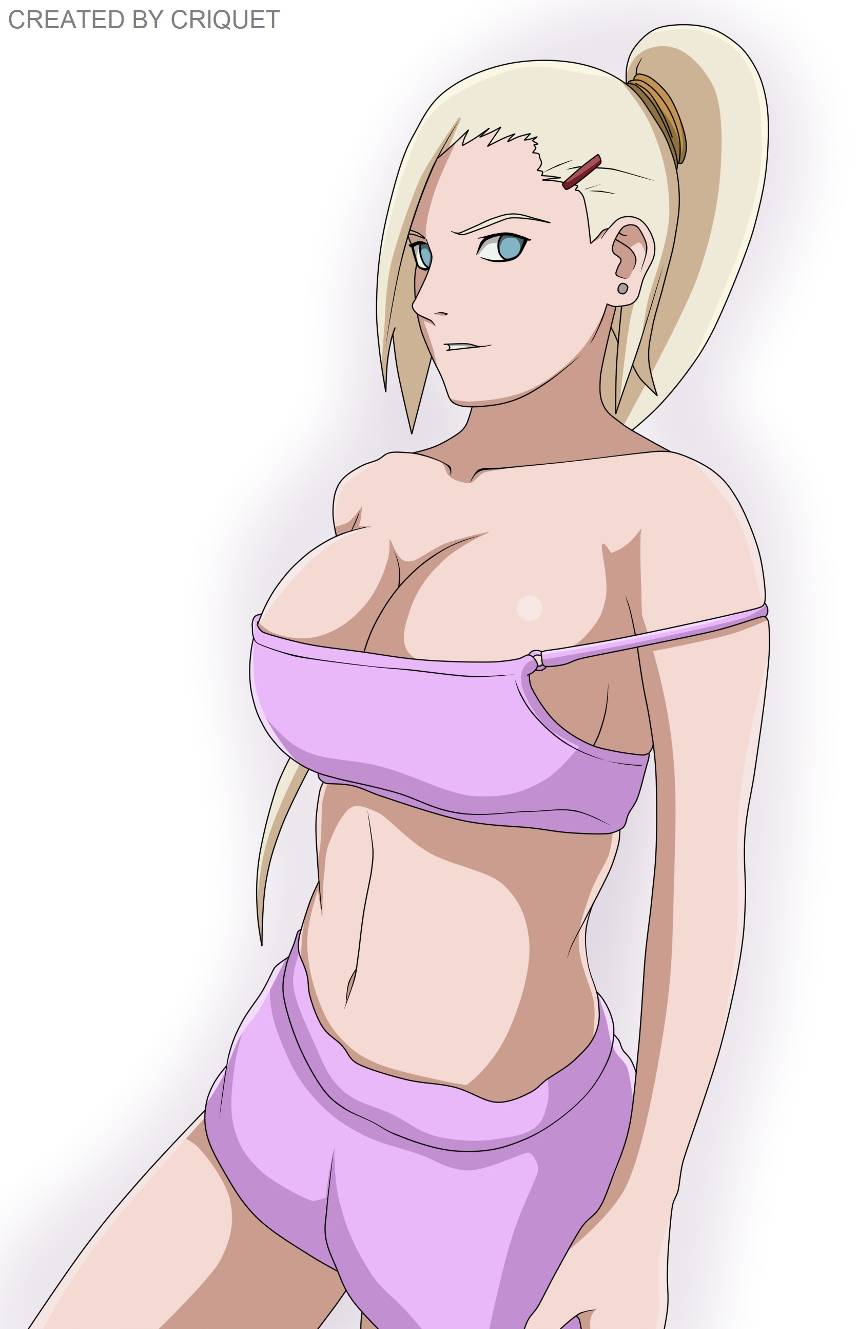 1girls, abdomen, big breasts, blonde hair, blue eyes, booty shorts, bra, breasts, criquet, ear piercing, female, female only, hot pants, ino yamanaka, long hair, looking at viewer, naruto, naruto (series), piercing, ponytail, shorts, solo, sports bra, trainer, white background, white skin