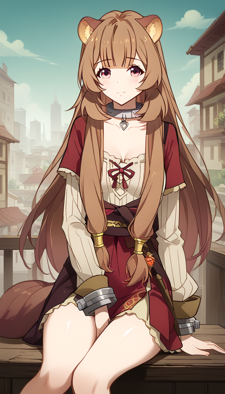 1girls ai_generated animal_ear_fluff animal_ears arm_support bangs belt between_legs blue_sky blunt_bangs blush breasts brown_hair building city cleavage closed_mouth cloud collar collarbone cuffs day dress feet_out_of_frame hand_between_legs layered_sleeves long_hair long_sleeves looking_at_viewer medium_breasts natsuyoru outdoors raccoon_ears raccoon_girl raccoon_tail raphtalia red_eyes red_skirt ribbed_shirt shirt short_over_long_sleeves sidelocks sitting skirt sky smile solo tail tate_no_yuusha_no_nariagari the_rising_of_the_shield_hero thighs town very_long_hair