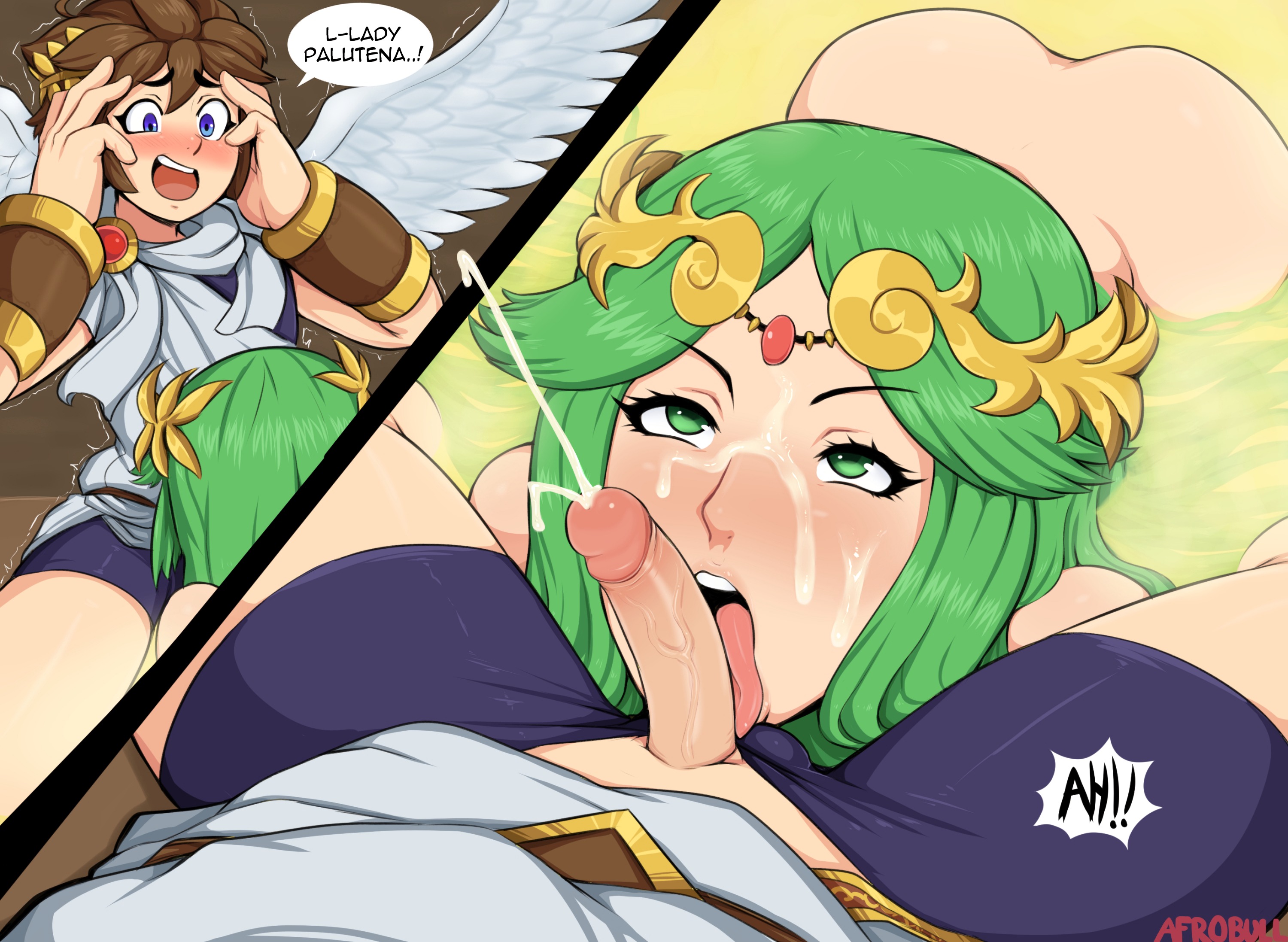 1boy, 1girls, afrobull, age difference, blush, brown hair, clothed male nude female, comic, cum, cum on face, cumshot, dialogue, ejaculating cum, ejaculation, erection, facial, fellatio, female, green hair, kid icarus, kid icarus uprising, licking penis, male, medium penis, nintendo, older female, oral, oral sex, palutena, pants, pants pull, penis, penis lick, penis out, pit, pit (kid icarus), pov, shocked, small penis, small penis adoration, speech bubble, straight, text, tongue, tongue out, veiny penis, water, younger male