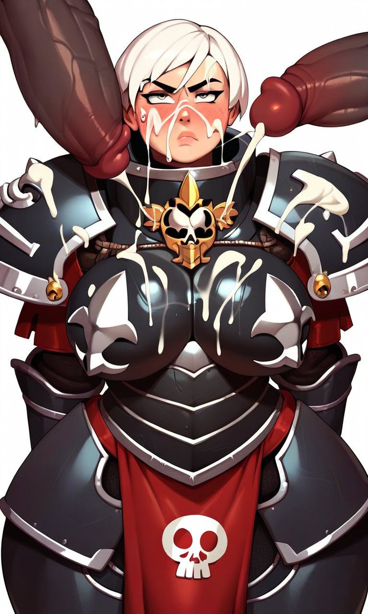 2boys adepta_sororitas ai_generated annoyed armor big_breasts big_penis bukkake daidouji_(artist) daidoujipv dark-skinned_male female gigantic_penis multiple_boys multiple_penises offscreen_character penis_against_cheek penis_against_face penis_awe semen semen_on_breasts semen_on_face short_hair sister_of_battle standing warhammer_(franchise) warhammer_40k white_hair wide_hips