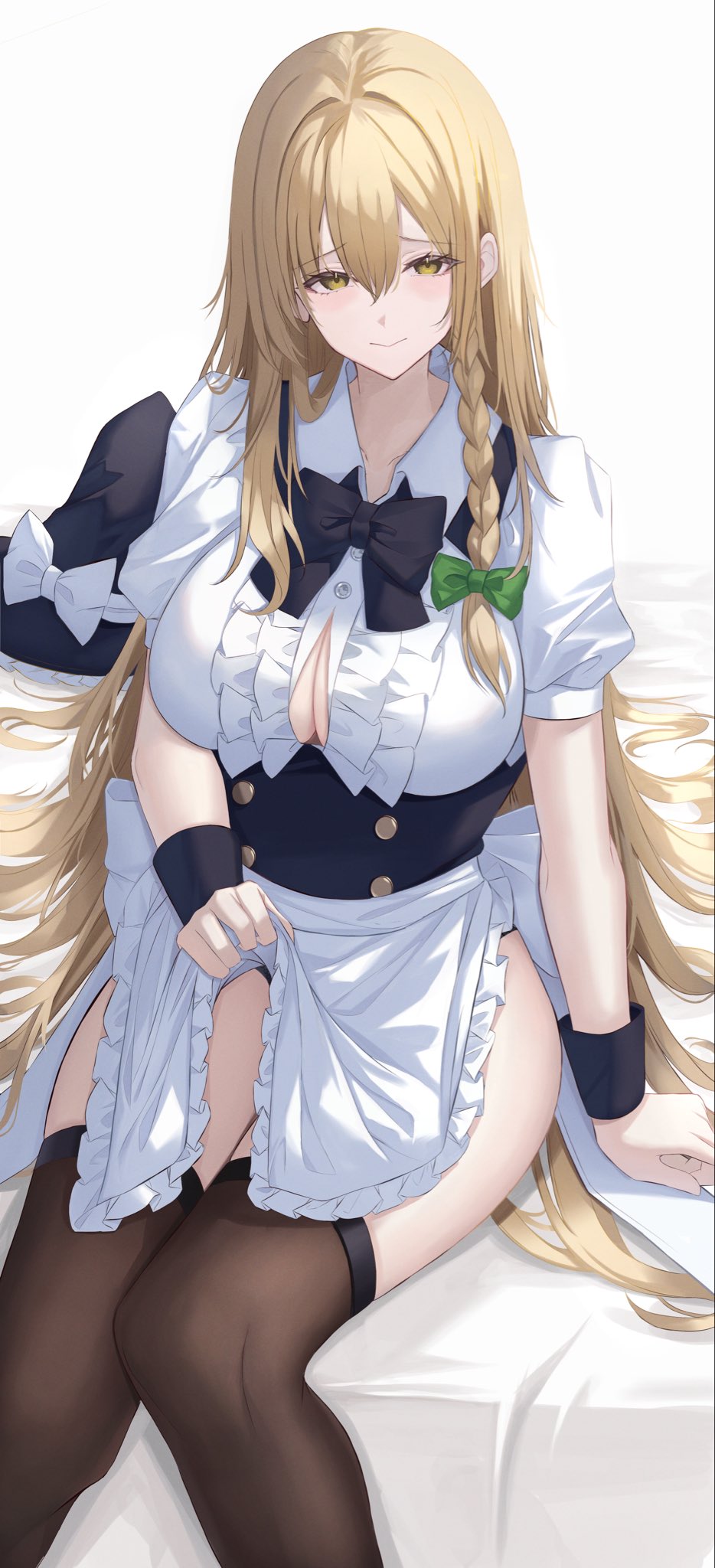 1girls, 7saki, bare thighs, blonde hair, breasts, female, female only, full body, fully clothed, hi res, kirisame marisa, legs, legwear, light skin, light-skinned female, long hair, looking at viewer, maid, maid uniform, marisa kirisame, medium breasts, simple background, sitting, smile, solo, thick thighs, thighhighs, thighs, touhou, touhou project, white background, yellow eyes